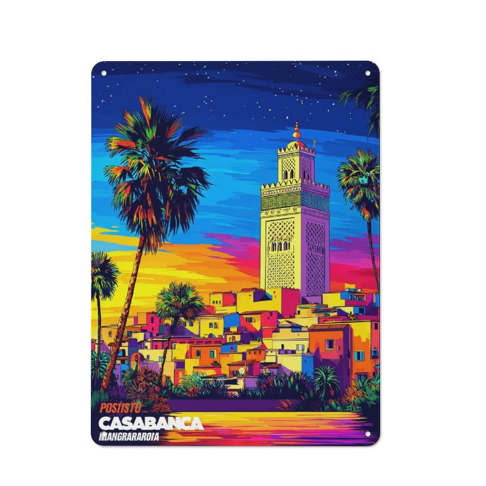 Junmoney Colorful Sunset In Casablanca Vintage Metal Wall Decor 40X30cm, Decorative Metal Plaque For Coffee Bar, Small Shop Or Dining Room