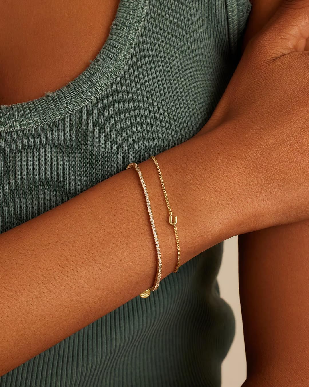 gorjana - Wilder Mini Alphabet Bracelet 6"-7" - 18k Gold or Silver Plated Finish - Personalized Bracelet - Spring Ring Closure - Wearing Stylish Link Bracelet - Timeless and Versatile - Image 2