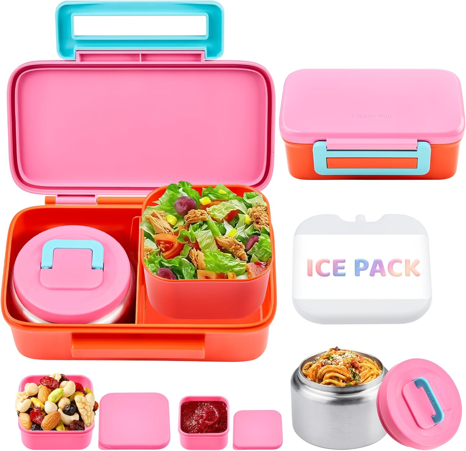 Lunch Box for Kids With 8oz Soup Thermo, Leak-proof Lunch Container with 2 Compartments, Thermo Food Jar Food Containers for Back to School Girls Boys (Pink) Pink-2 Compartments