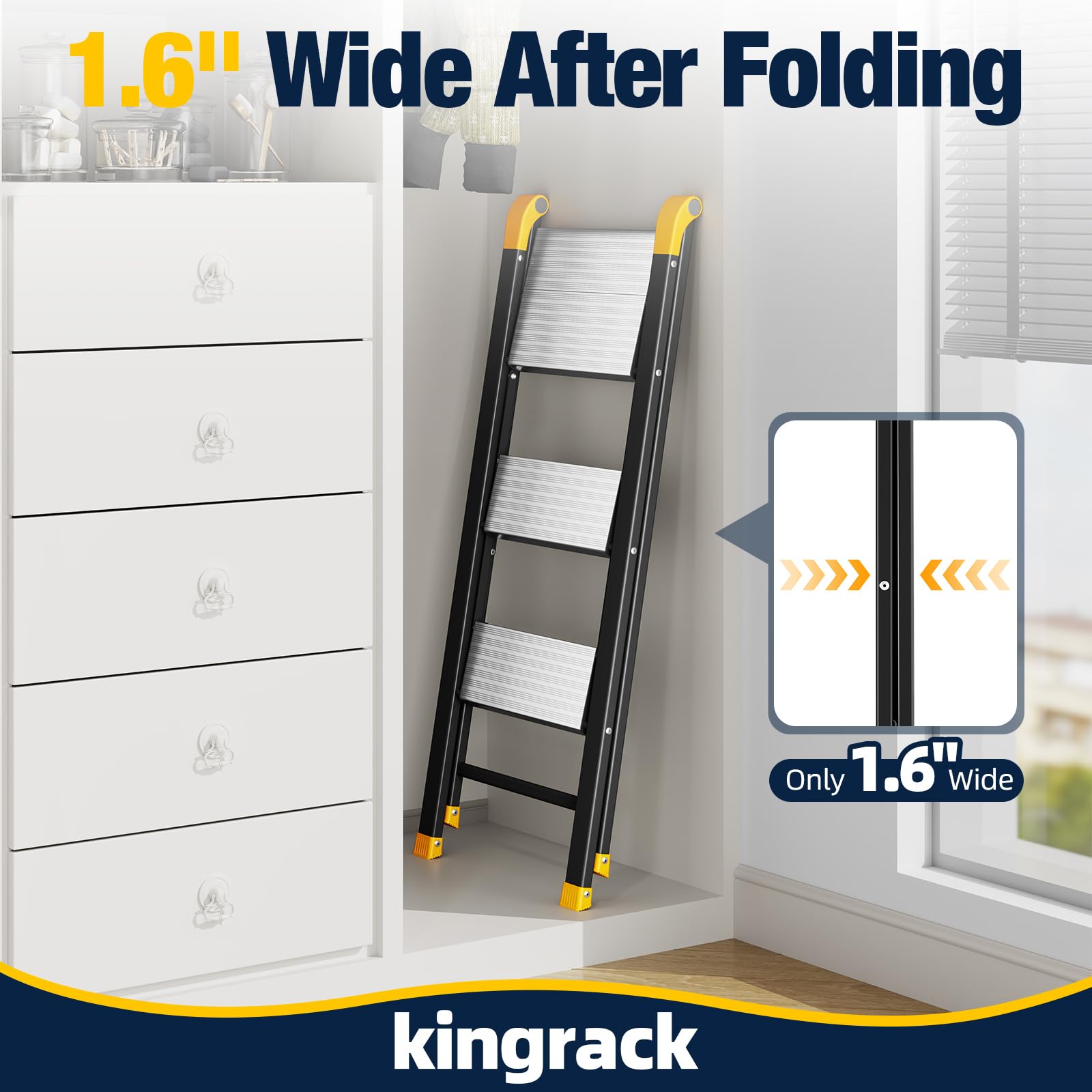 Kingrack Escalera 3 peldaños Aluminio Antideslizante, Capacidad 150kg Negro | Escalera taburete plegable aluminio peldaños antideslizantes, soporta 150kg, plata y negro, uso hogar cocina oficina