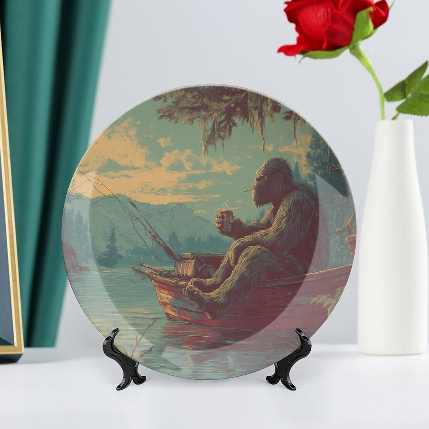Bigfoot Fishing Drinking Smoking Decorative Plates for Display Ceramic Plate Tray with Stand Hanger Home Decor