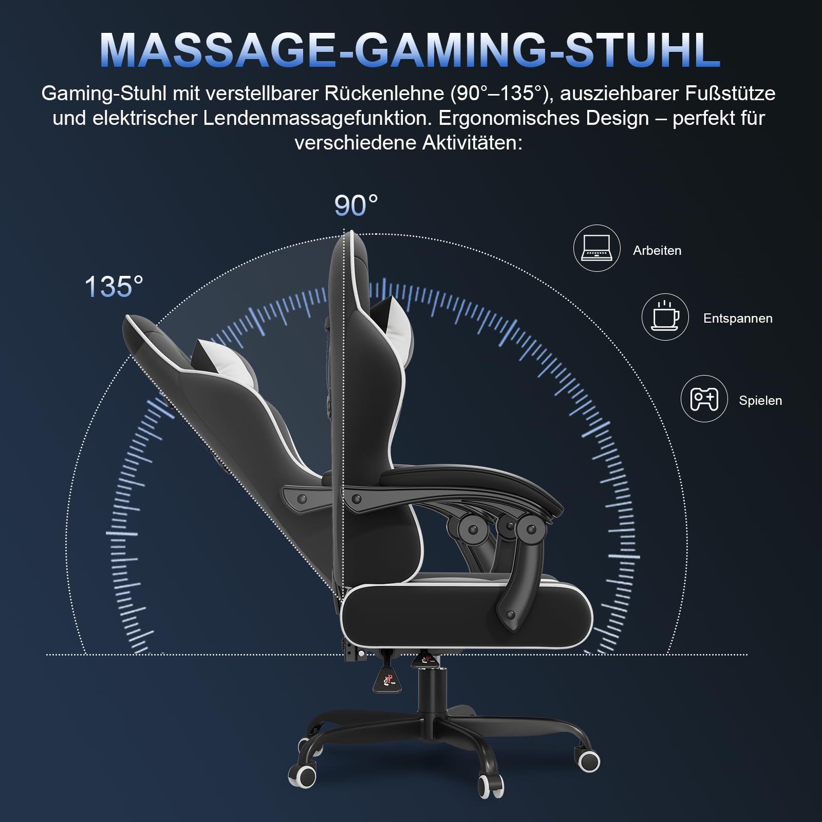 JUMMICO JETSTREAM Poltrona Gaming Ergonomica Con Poggiapiedi, Poggiatesta, Massaggio E Sollevamento Pneumatico, 150 Kg, bianco e nero