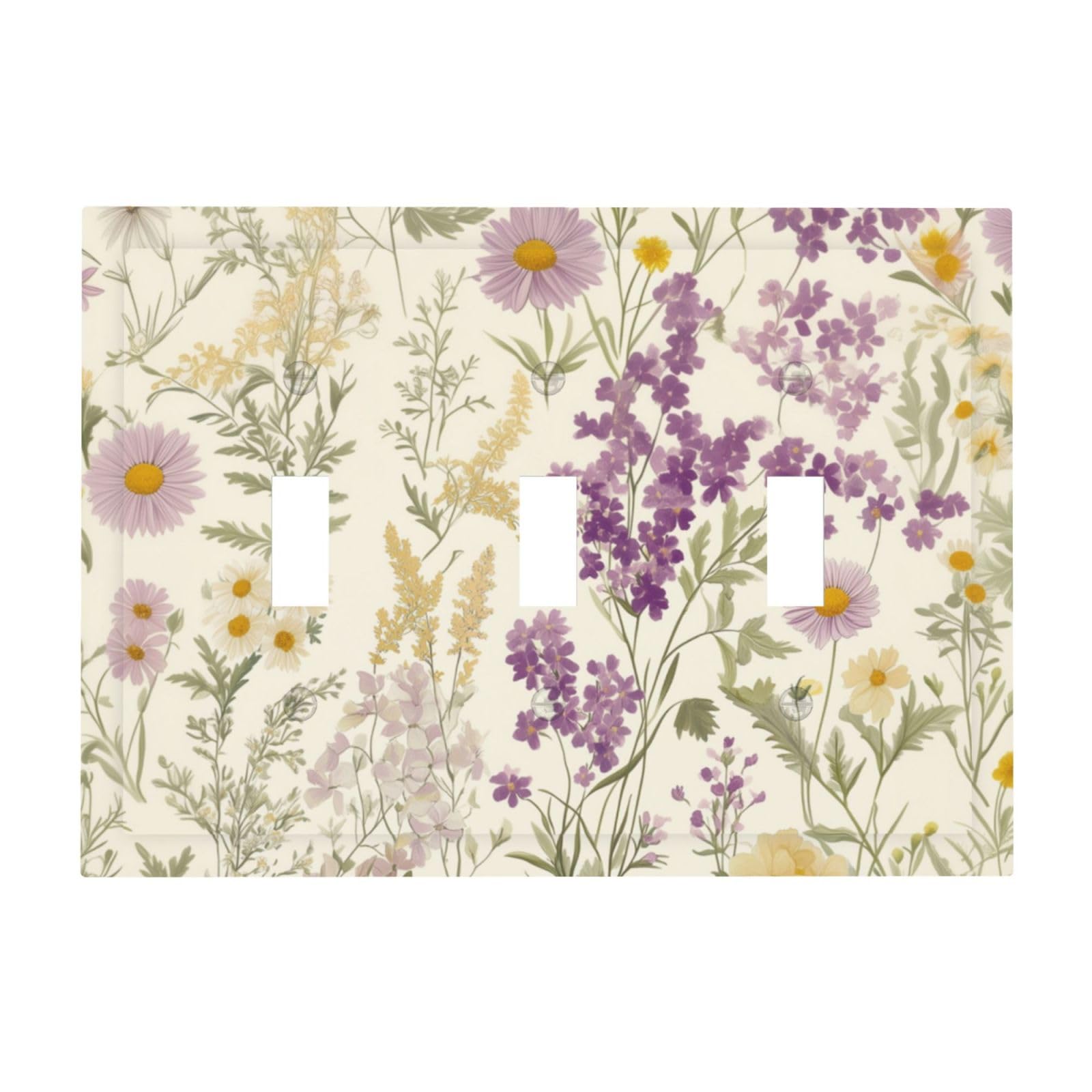 Watercolor Floral Leaves 3 Gang Light Switch Cover Small Purple Flowers Daisies Triple Toggle Wall Plate Decorative Electrical Faceplate for Country