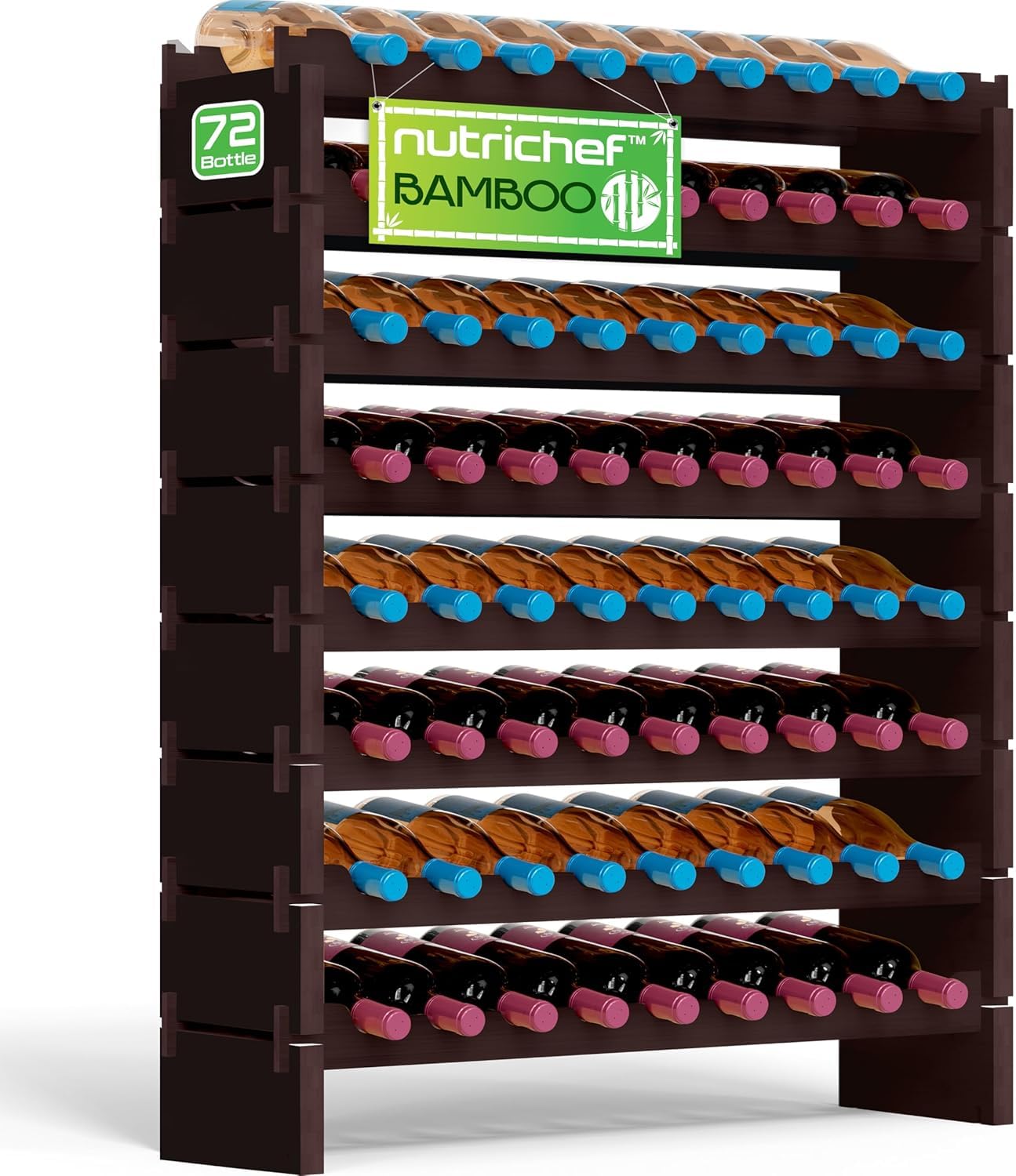 NutriChef 72 Bottle Wine Rack Stackable Bamboo Freestanding, 8-Tier Modular Shelf, Sturdy Wobble Free, Upgraded 2026 Design, Easy No-Tool Assembly for Kitchen, Cellar or Bar 33.5" x 10" x 41" (Black)