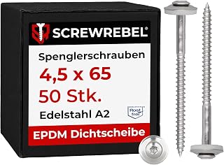 50 Stück SCREW REBEL Spenglerschrauben 4,5 x 65 mm - Edelstahl A2, Inox mit EPDM-Dichtscheibe Ø15mm TX 20