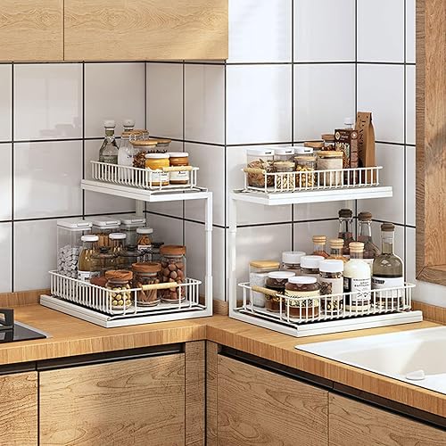 Miniatura 4 de Organizador deslizante doble de 2 niveles en forma de L debajo del fregadero, estante de almacenamiento deslizante debajo del gabinete, material