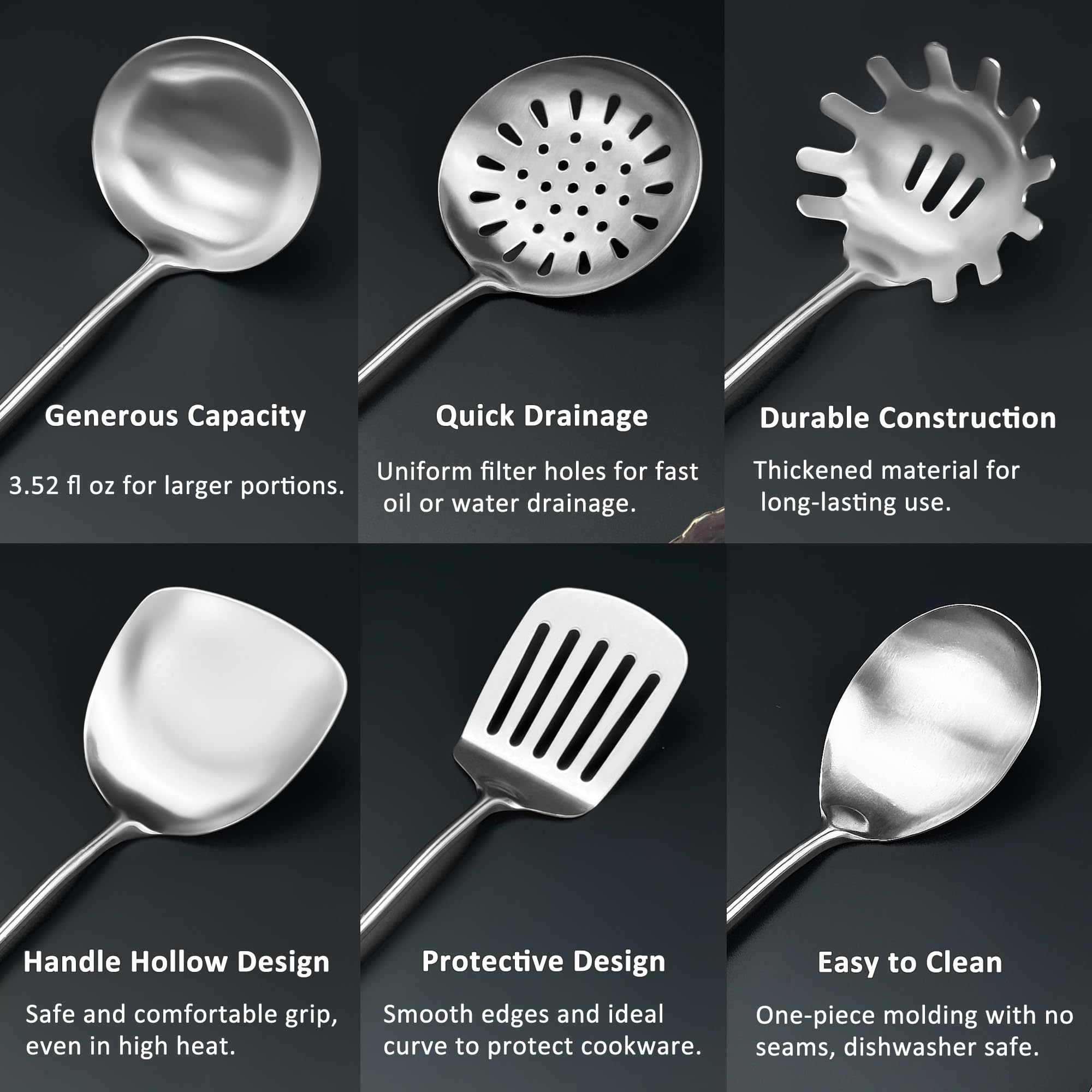 Juego de utensilios de cocina de acero inoxidable 18/8, 6 piezas de 15 pulgadas de largo, juego de utensilios de cocina de metal con espátula, cucharón profundo, cuchara, skimmer, servidor de pasta,