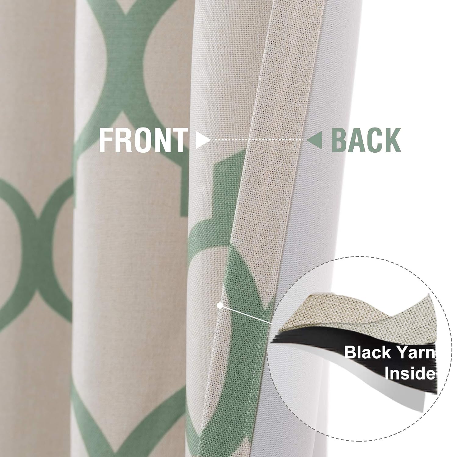 jinchan Room Darkening Curtains for Bedroom, Sage Linen Textured Moroccan Tile Patterned Curtains 63 Inch Length, Thermal Insulated Grommet Top Drapes for Living Room, Green on Beige, 2 Panels Set
