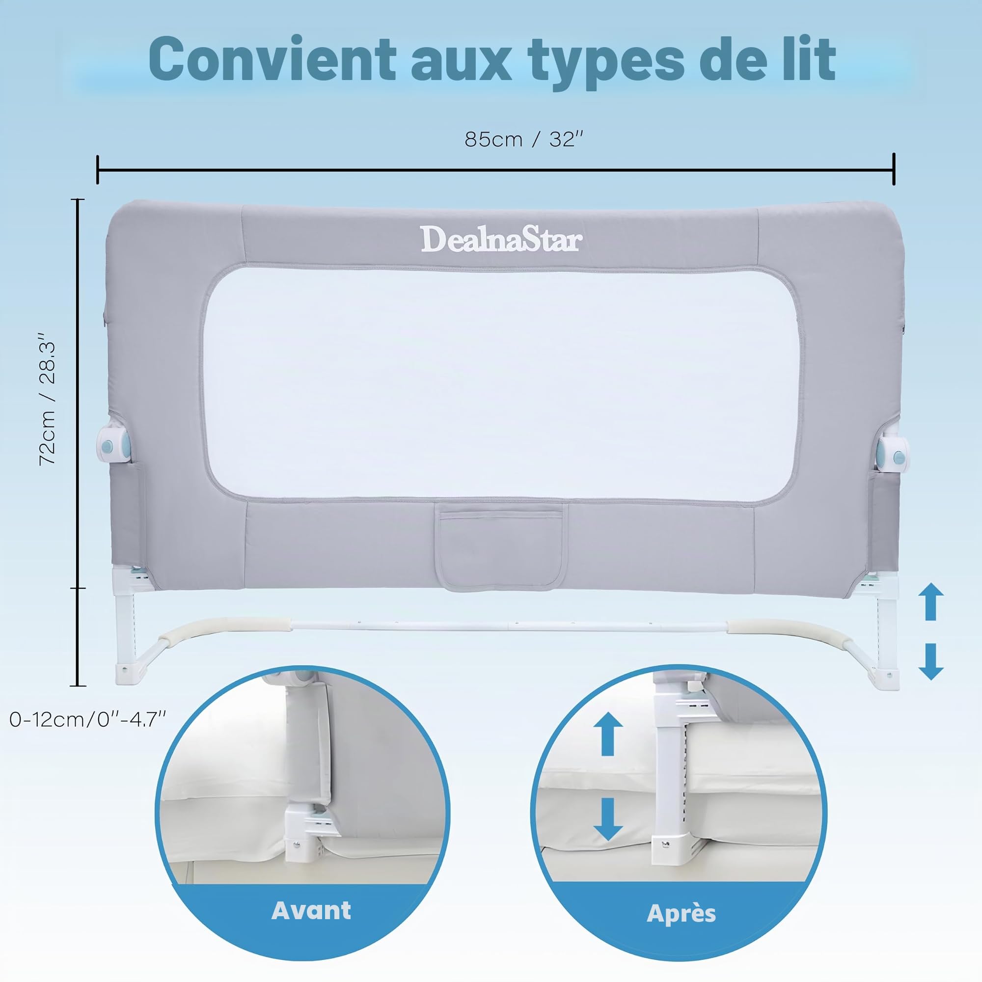 Barrière de lit pliable pour tout-petits, 32in / 85 cm de hauteur, réglable en hauteur, pour enfants, ajustement universel, pour lits jumeaux/double/très grand lit/grand lit.