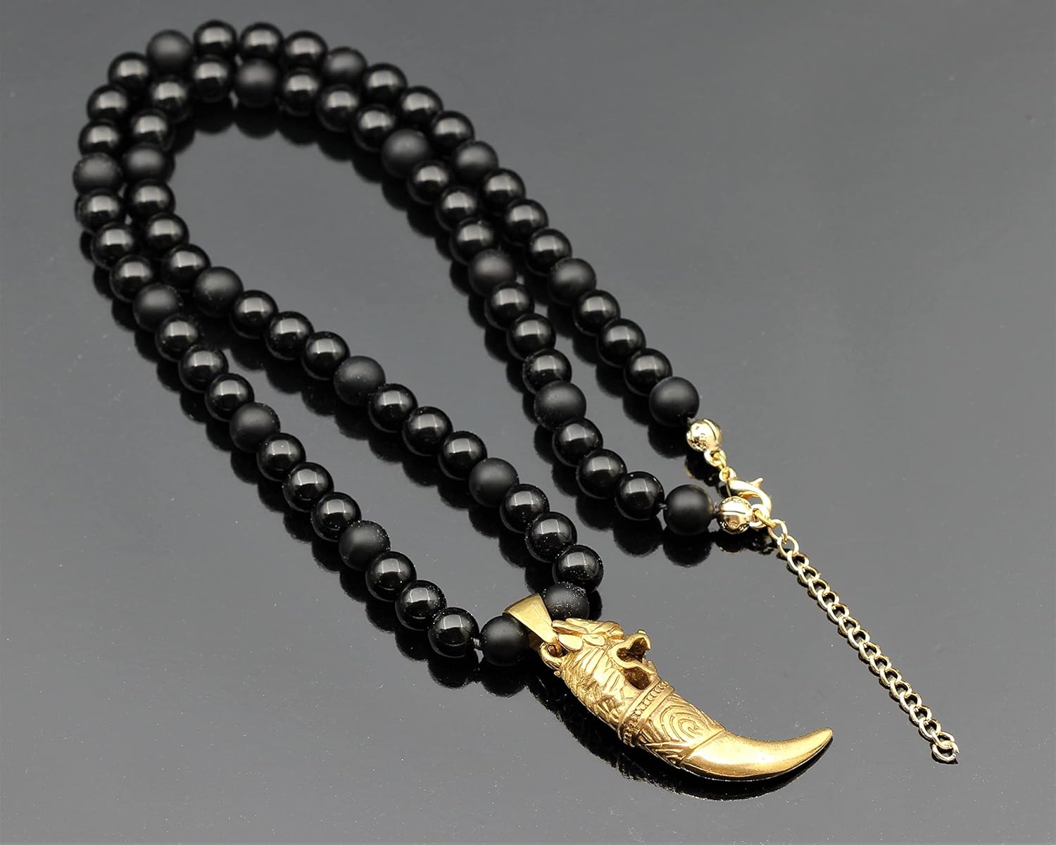 ElisaJewelryArt - Men's Tiger Tooth Necklace Natural Onyx Beaded Necklace Gift For Him Christmas Gift For Father Protective Gift Balance Bohemian Necklace