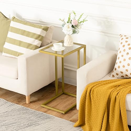 Miniatura 5 de HOOBRO Juego de 2 mesas auxiliares en forma de C, mesas auxiliares con 2 estantes, mesa de bandeja de TV para espacios pequeños, sofá y cama, estilo