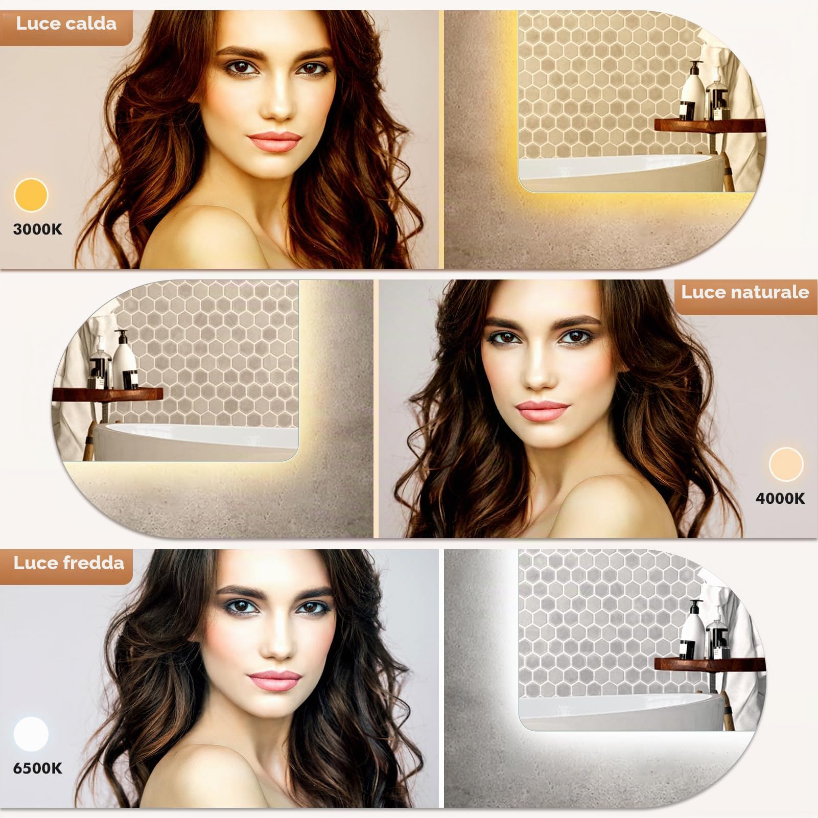 Specchio Bagno con Luce, quadrato 50×70cm e doppio interruttore touch, antiappannamento, luce dimmerabile a 3 colori, specchio demister con retroilluminazione per bagno