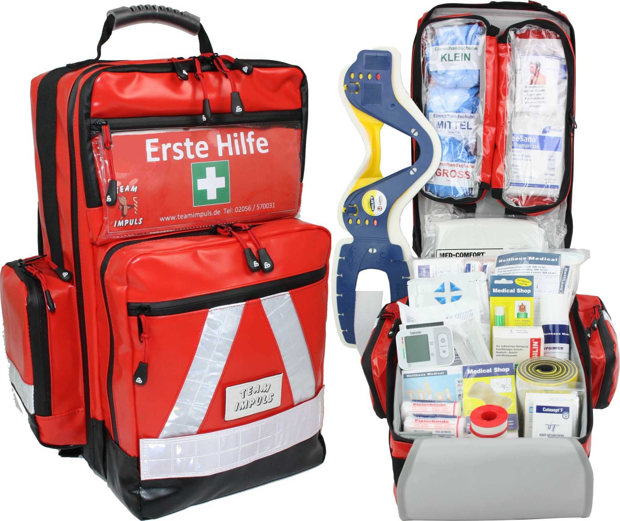 Team Impuls - Erste Hilfe Notfallrucksack - gefüllt - Segeln - Motorboot - Wassersport- mit Waterstop Reißverschlüssen