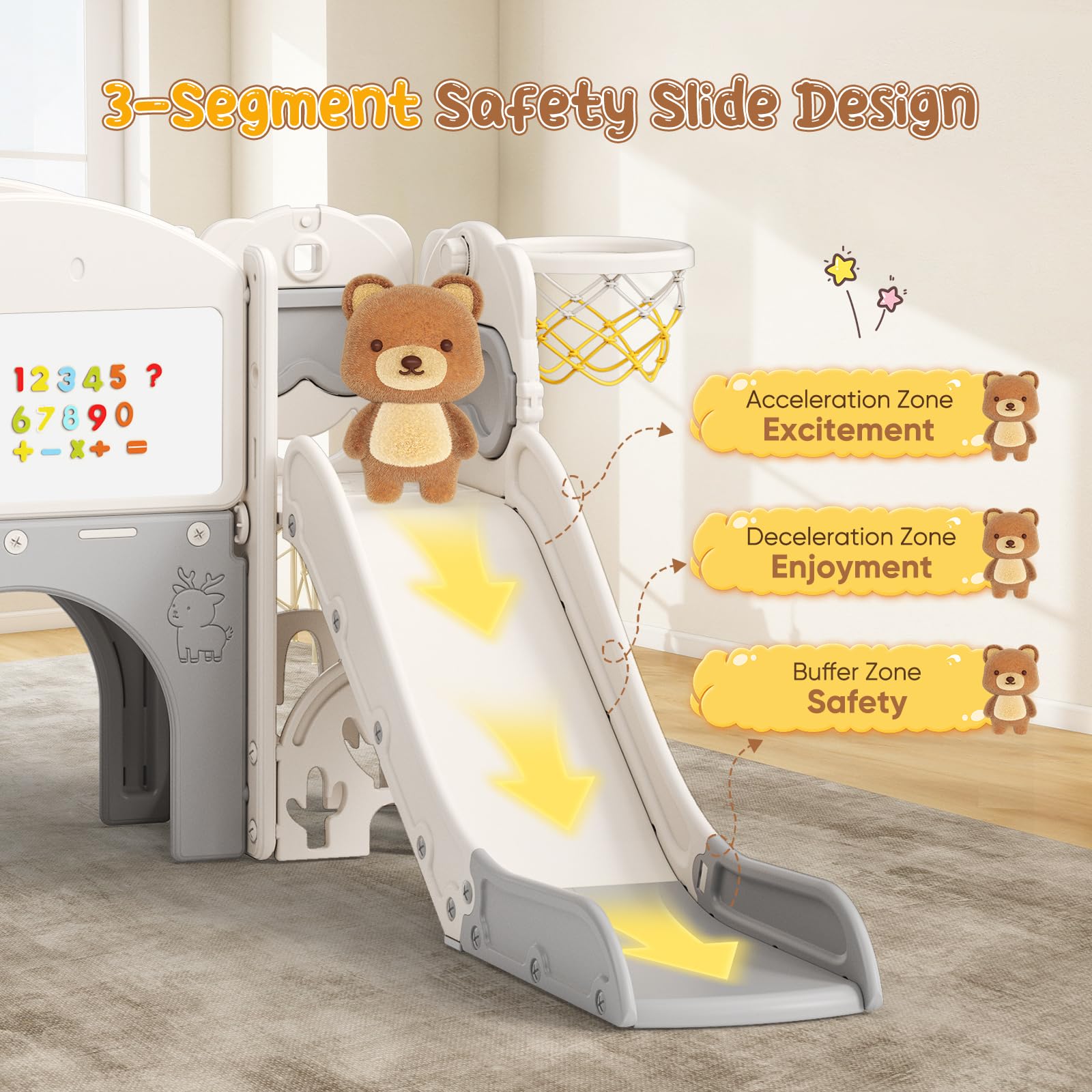 Scivolo per bambini, scivolo per bambini piccoli indipendente con canestro da basket, attrezzatura per parco giochi con scivolo, scivoli all'aperto (Beige Grigio-8 in 1)