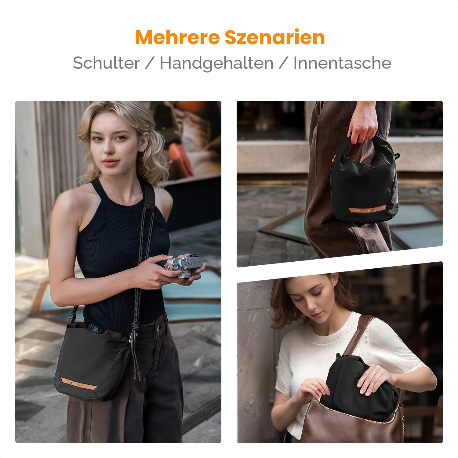 K&F CONCEPT Kameratasche, Modische Umhängetasche, Tragbare Leichte Camera Bag, Geeignet für Kleine Liner Bag mit Spiegellose Kamera, Schwarz