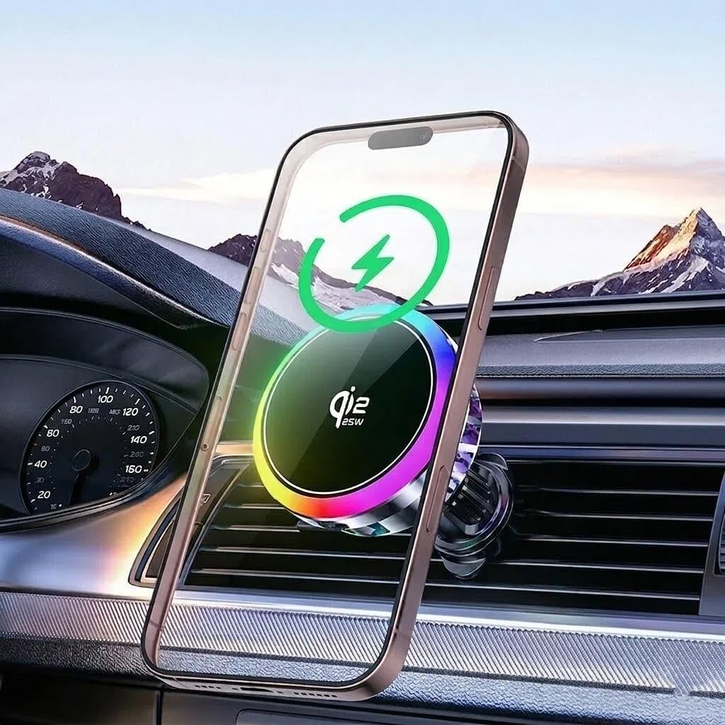 Qi2 25W Magnetic Wireless Car Charger with Cooling Fan, Fast Charging Air Vent Phone Holder with RGB Light, Active Cooling Car Mount for iPhone 17/16/15/14/13/12 Series & Samsung