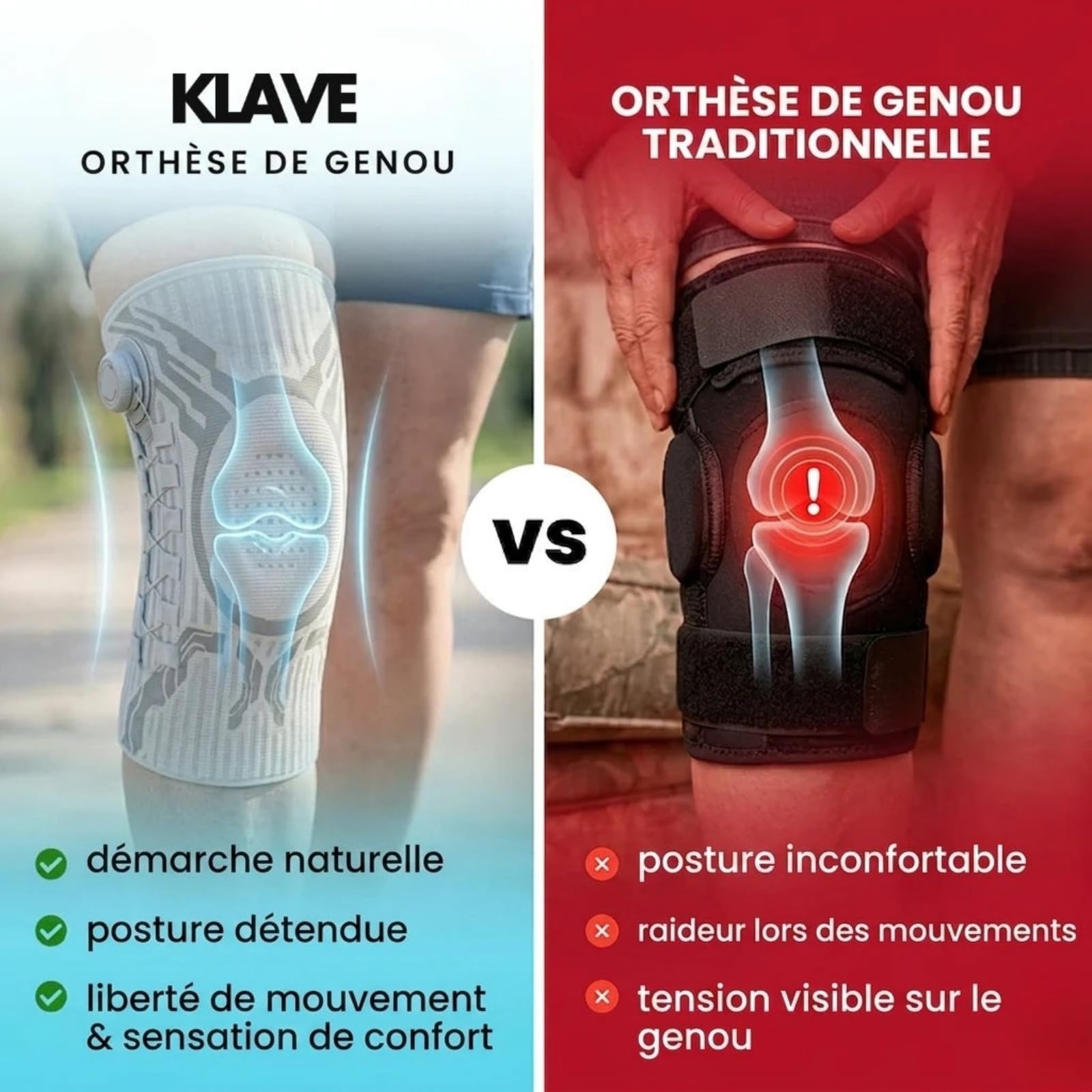 Klave Genouillère,Genouillère de Sport Unisexe,Genouillère de Soutien à Compression avec Bouton de Réglage Rapide,Ressorts et Coussin Gel,Respirant Anti-dérapant
