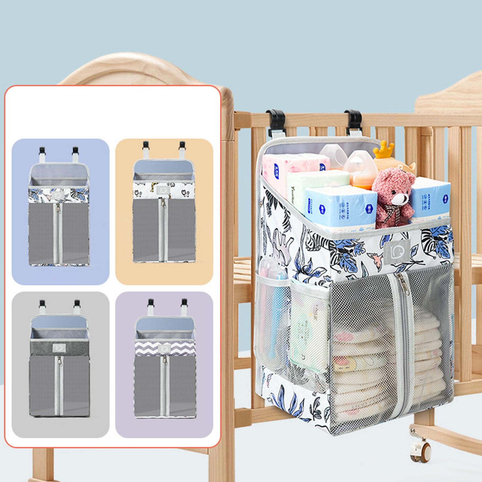 Organizadores colgantes para cuna de bebé con múltiples compartimentos para almacenamiento de pañales, tela Oxford, accesorios para guardería, bolsa de mesita de noche, organizador de pañales