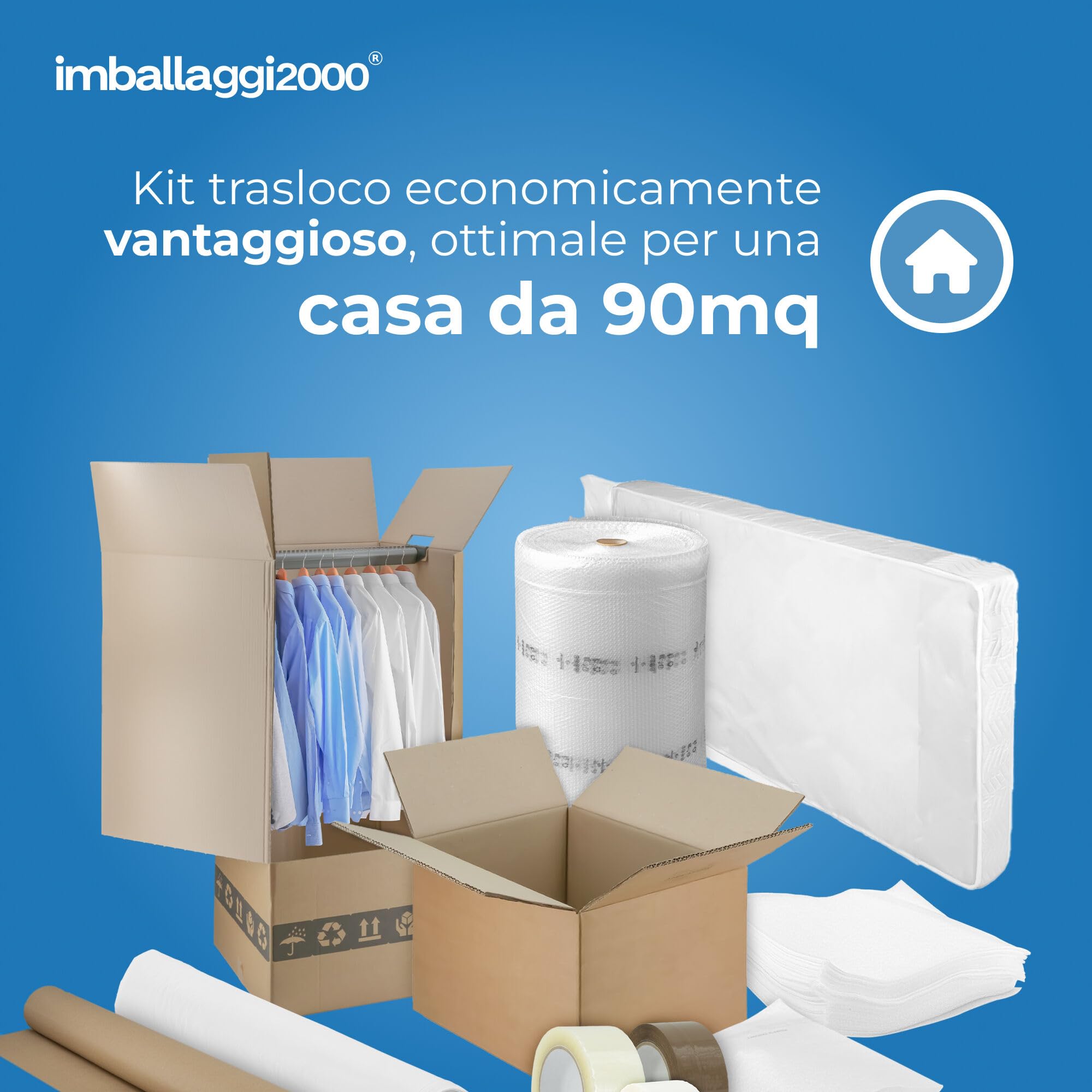 IMBALLAGGI 2000 - Kit Trasloco Appartamento 90mq - Scatoloni, Scatole Porta Abiti, Nastri da Imballo, Fogli Carta, Rotoli Pluriball, Sacco Materasso Matrimoniale e Singolo, Buste Porta Abiti