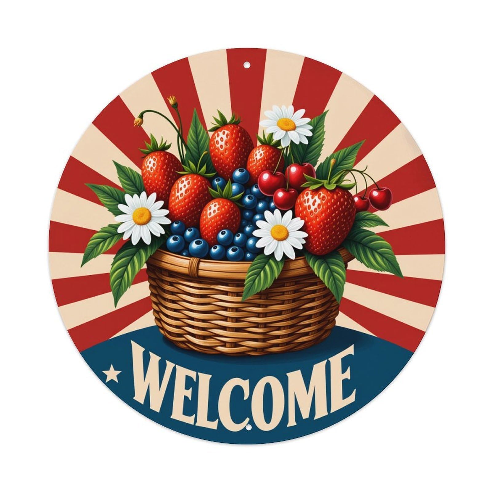 Fruit Basket Welcome Sign Pattern Round Tin Sign Vintage Metal Poster, Home Bar Garage Man Cave Cafe Indoor & Outdoor Wall Decoration 8x8Inches