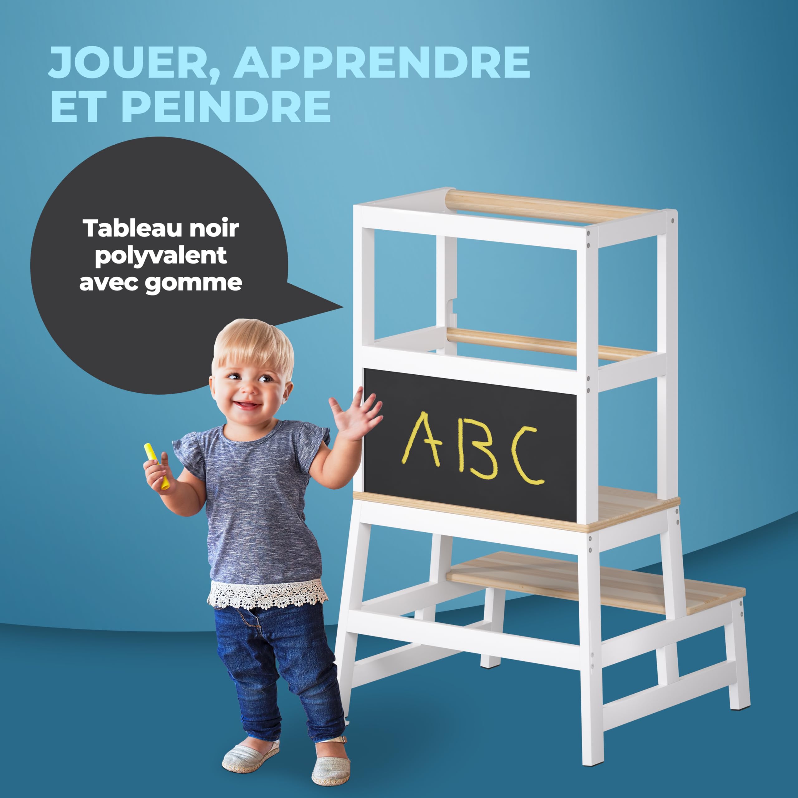 Spielwerk® Tour d'Observation Montessori en Bois pour Enfant, Stable et Sécurisée, Hauteur 93cm - Tour d'apprentissage avec Tableau noir, Marchepied Bois de Pin Blanc - Dès 2 ans