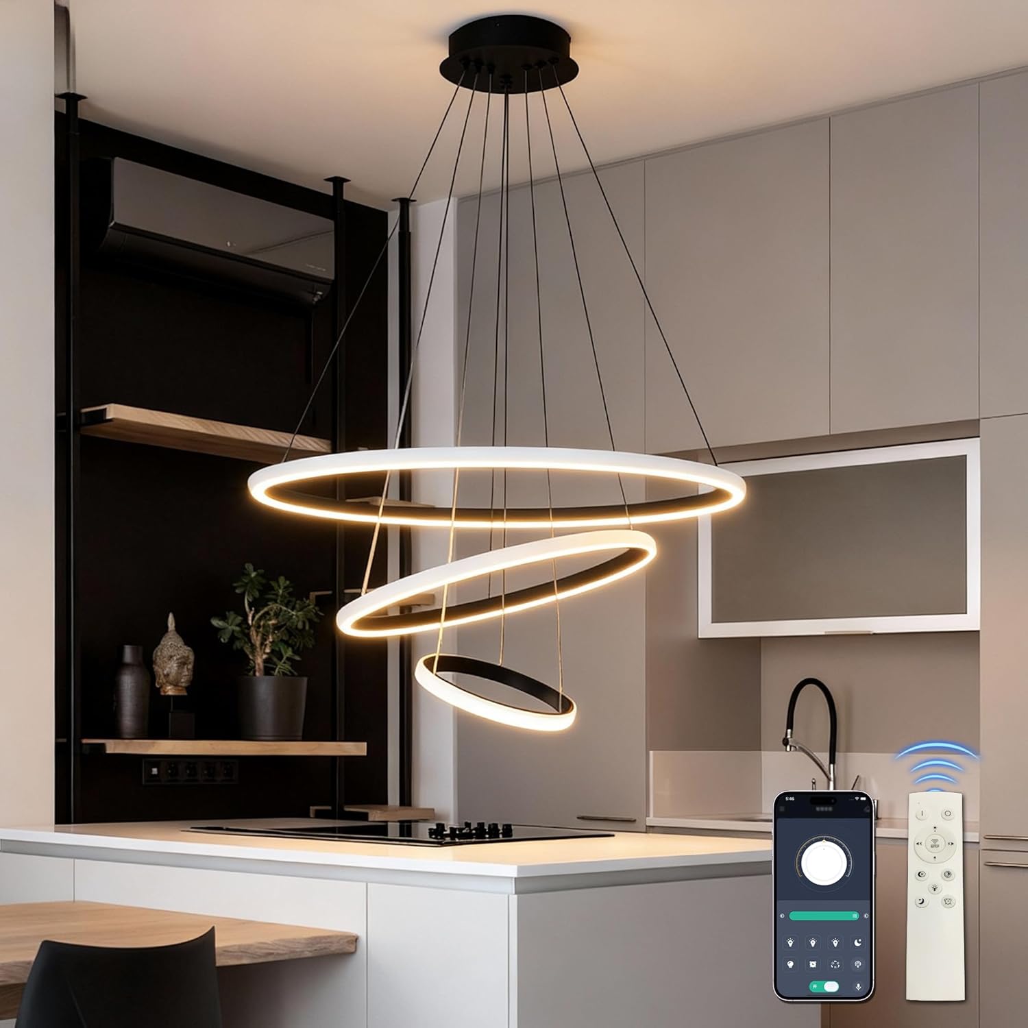 Black 3-Ring LED Pendant Light, Dimmable Modern Chandelier, Adjustable LED Island Lighting for Kitchen Island, Dining Room, Foyer, High Ceiling Spaces