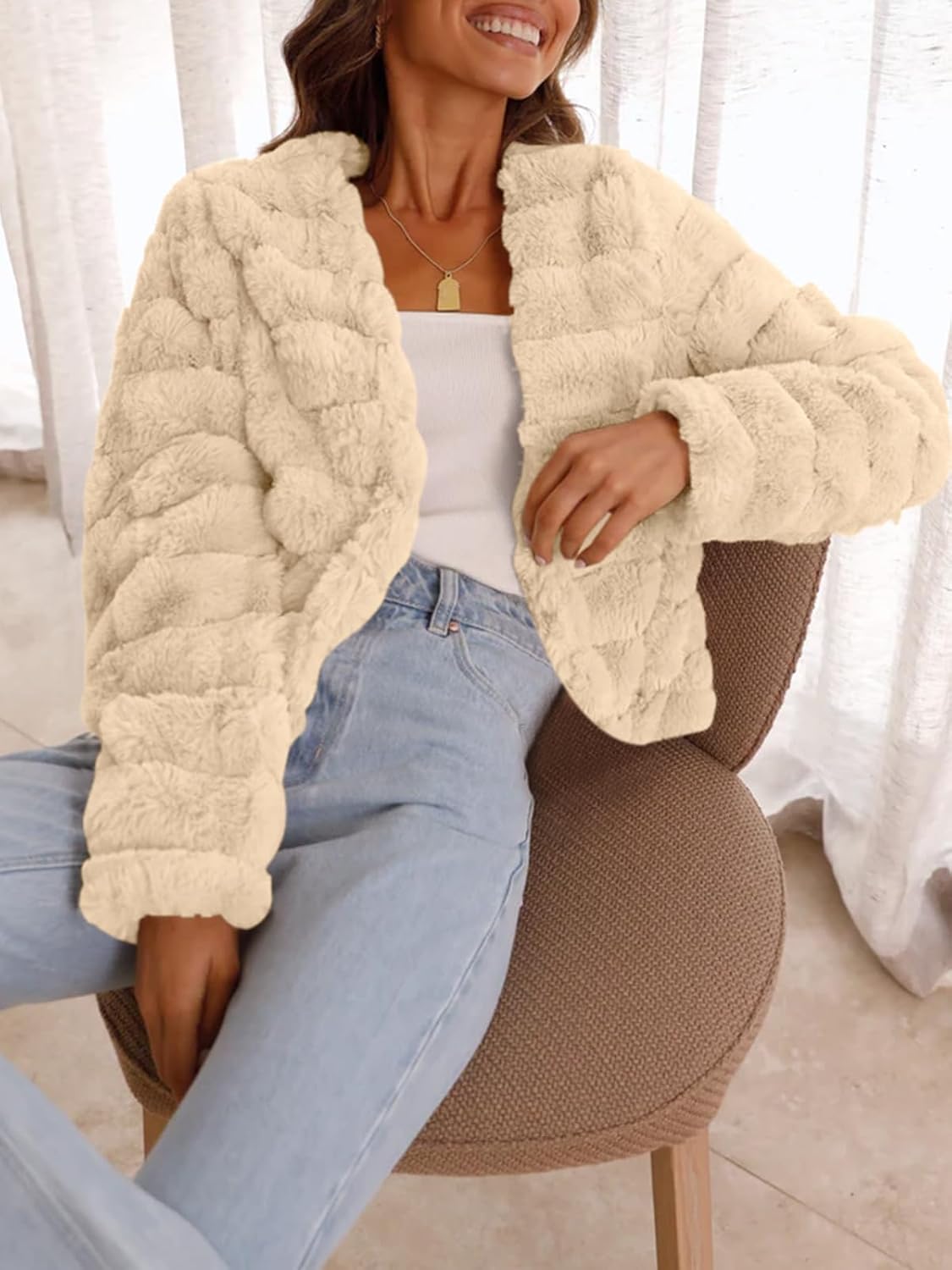 Women's 2025 Faux Fur Coats Fleece Cropped Jacket Long Sleeve Shaggy Warm Outerwear Fall Winter Clothes - Image 5