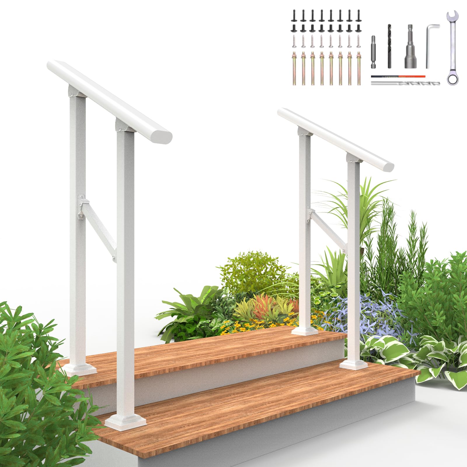 2 Pack 2 Step Hand Rails for Outdoor Steps,Railings for Outdoor Steps,Wrought Iron Railing kit for Garden Garage Porch Railing & Deck Hand Railr Easy