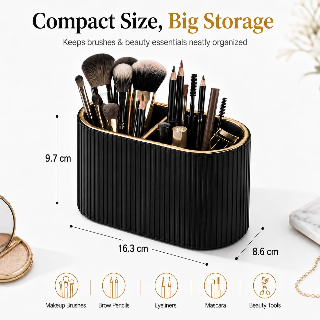GORESE Organizer per Pennelli da Trucco,Porta Pennelli Make Up Organizzatore di Cosmetici in Pelle Organizer per Trucchi con 2 Scomparti Organizzatore Scrivania per Comò,Bagno,Camera da Letto(Nero)