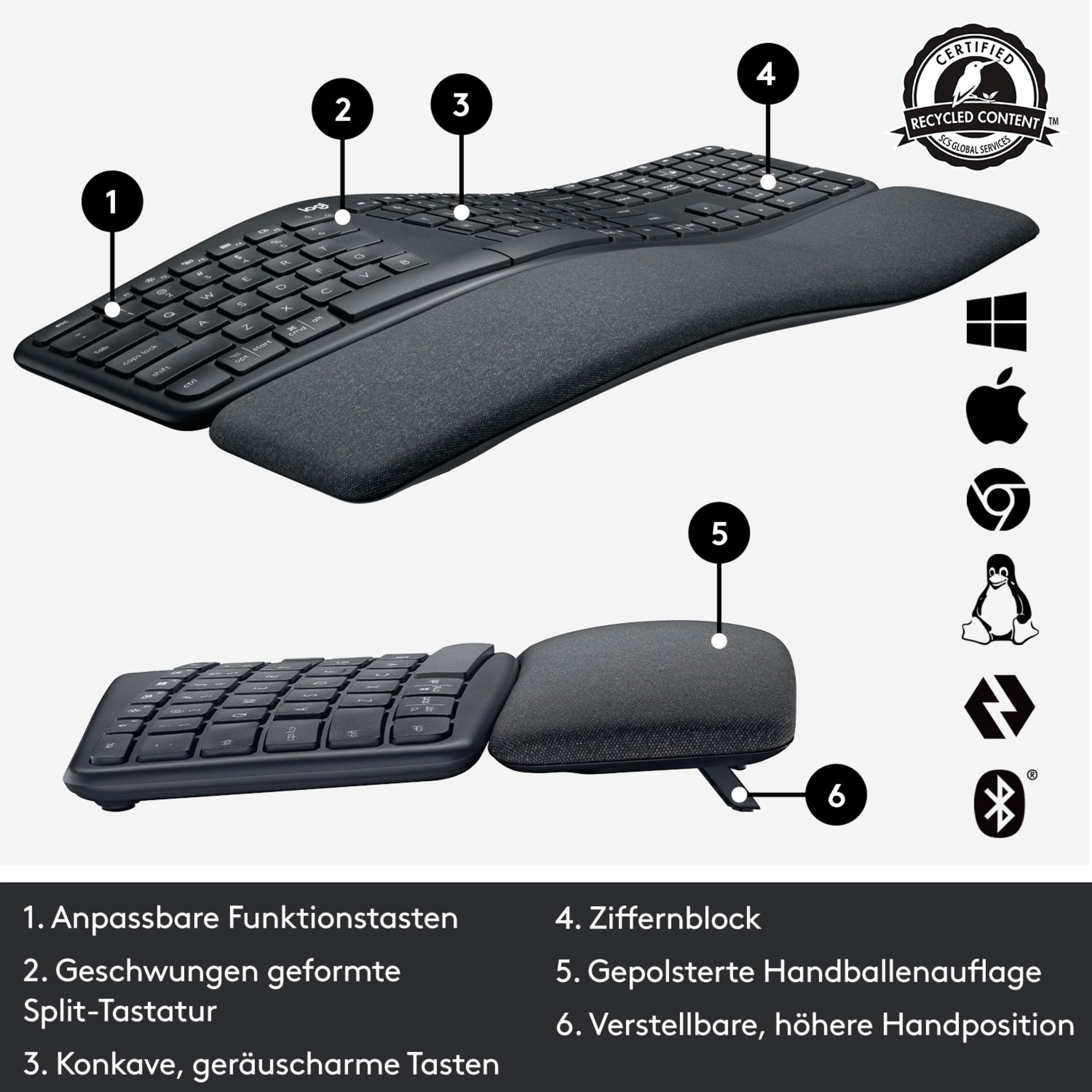 Logitech ERGO K860 for Business - Tastiera split ergonomica | Layout Tedesco QWERTZ - Grigio