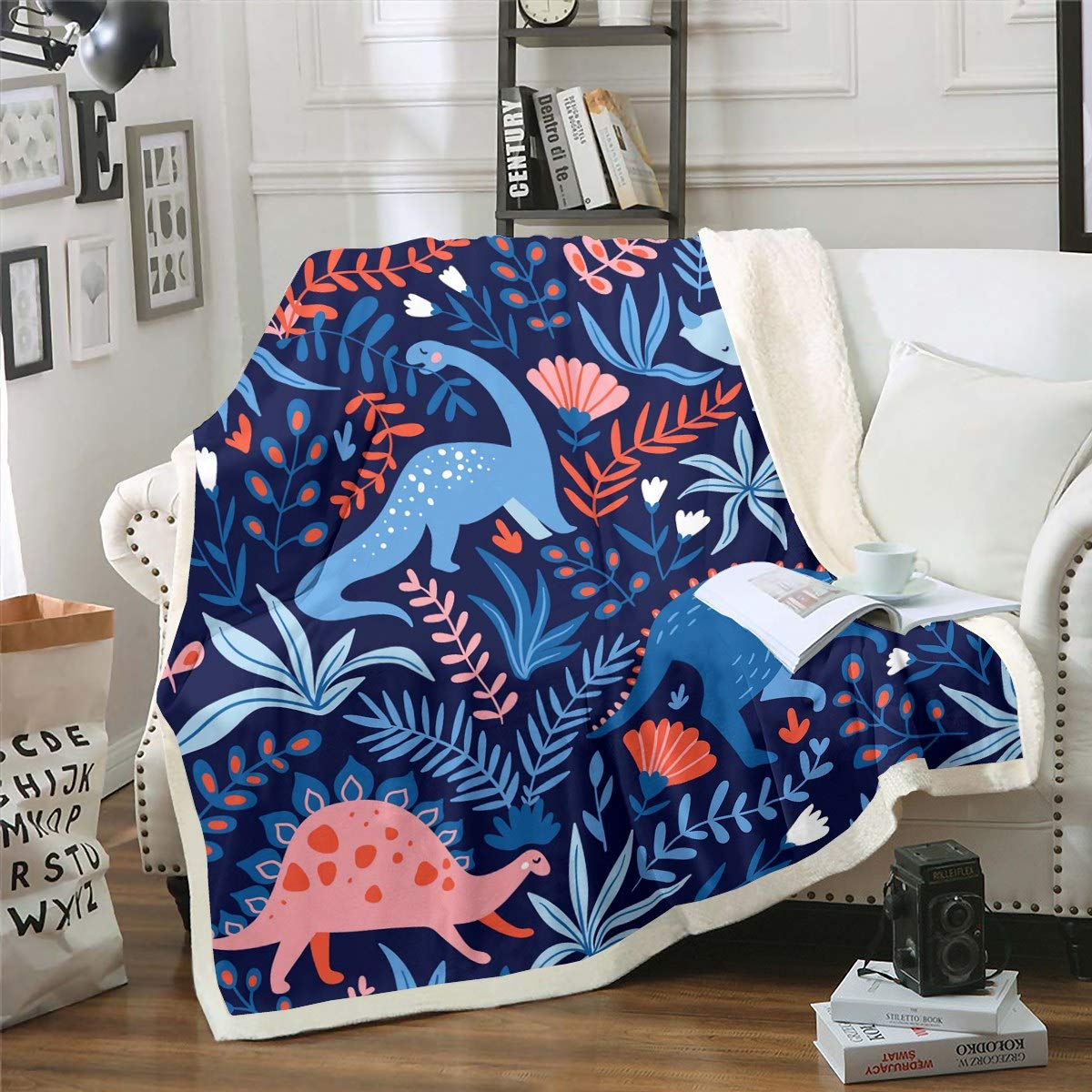 Loussiesd Kids Cute Dinosaur Plush Blanket Cartoon Jungle Animals Throw Blanket Botanical Branches Fleece Sherpa Blanket for Chair Sofa Couch Wildlife Dino Room Decor Double 60"x79" Reversible — image 1