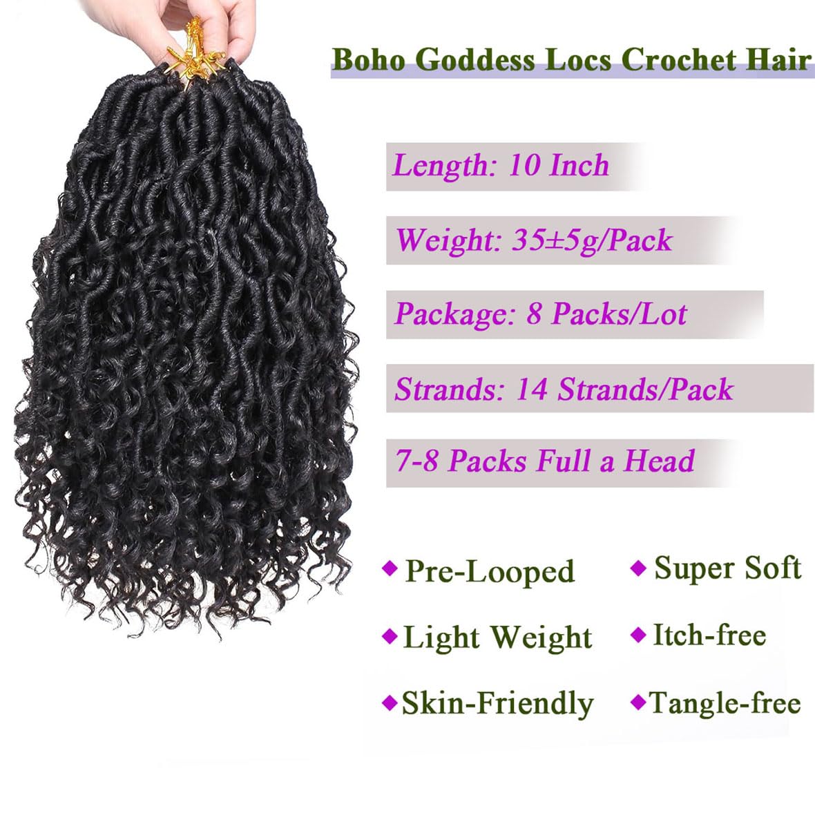 Kachanaa 10 Inch Goddess Locs Crochet Hair for Woman 8 Packs Pre-Looped Natural Black River Locs with Curly Ends for Woman 14 Strands/Pack Synthetic Crochet Bohemian Locs Hair /1B# - Image 3