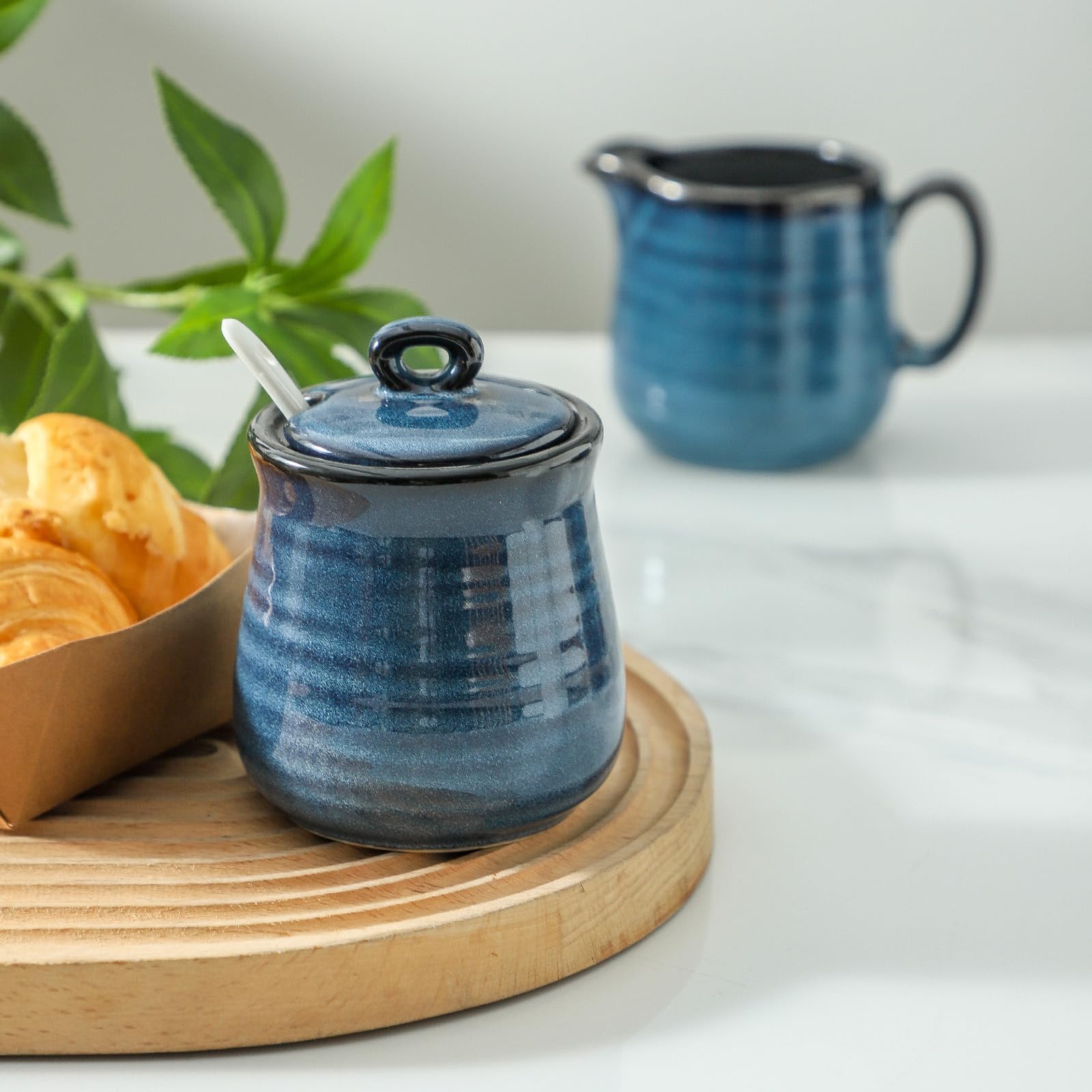 Hasense Zucker- und Milchkännchen-Set, 3-teilig mit 311.8 g Zuckerdose mit Deckel und Löffel, 284 ml Sahnekännchen, Keramik-Milchkrug und Zuckertopf für Kaffeebar, Kaffeeservice, Marineblau