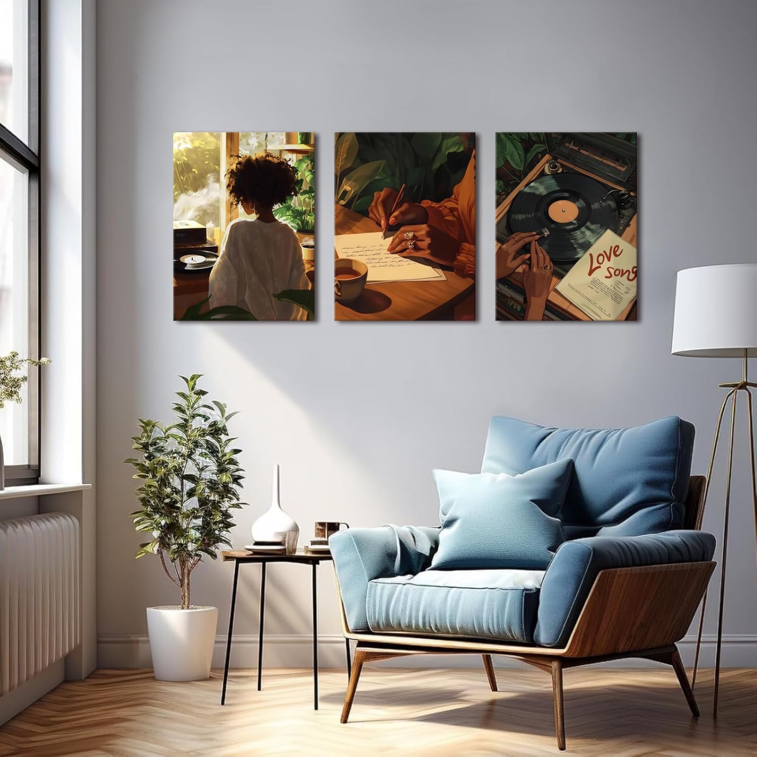 Black Girl Canvas Wall Art Set of 3 Trendy African American Women Music Posters Song Lover Wall Decor Fashion Black Woman Prints Pictures Artwork for Bedroom Living Room 16x24 Inch Framed
