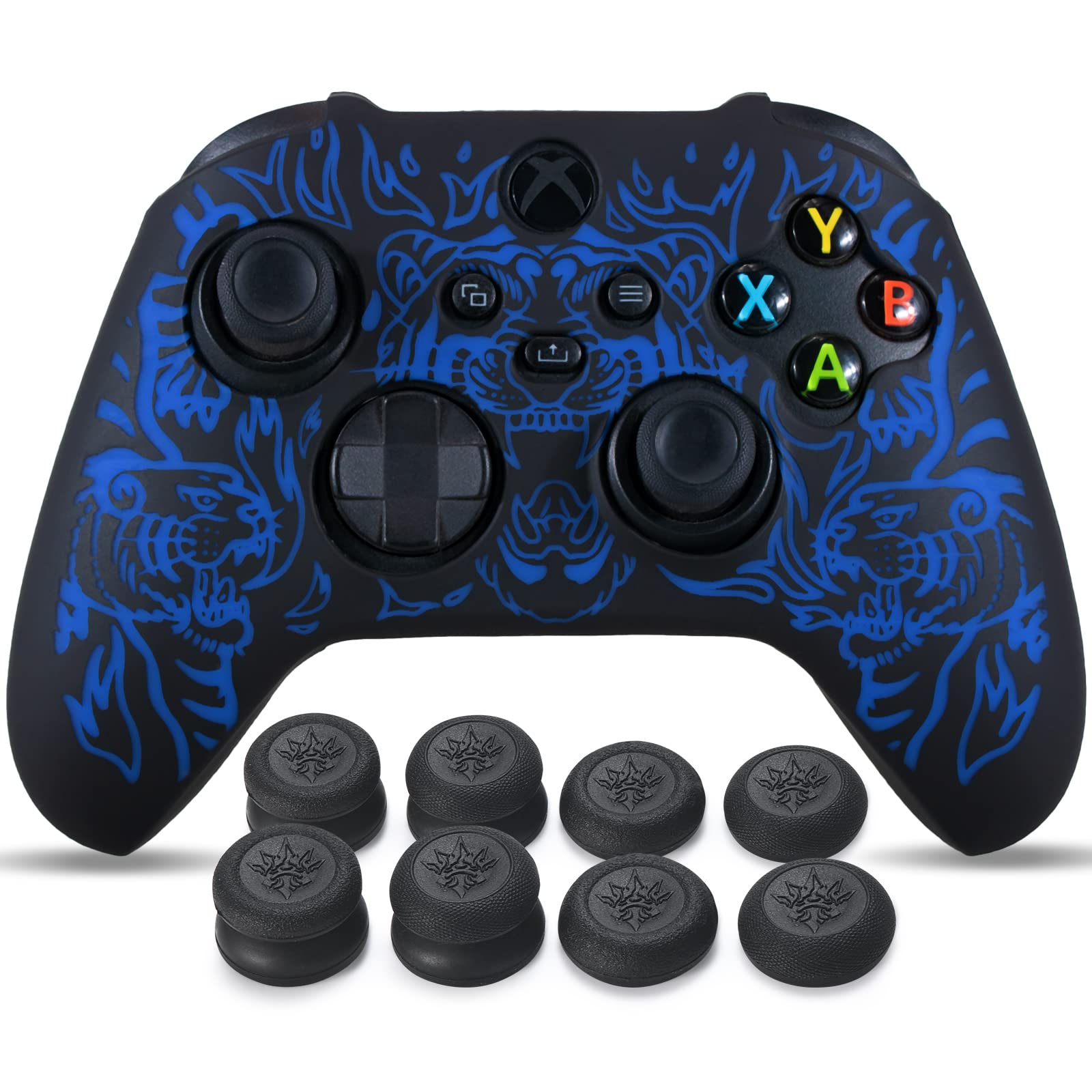 YoRHa Silicone Rubber Back Dots Carving Customizing Skin Cover for Xbox Series X/S Controller x 1(BH Green) with Pro Thumb Grips x 10 — view 15