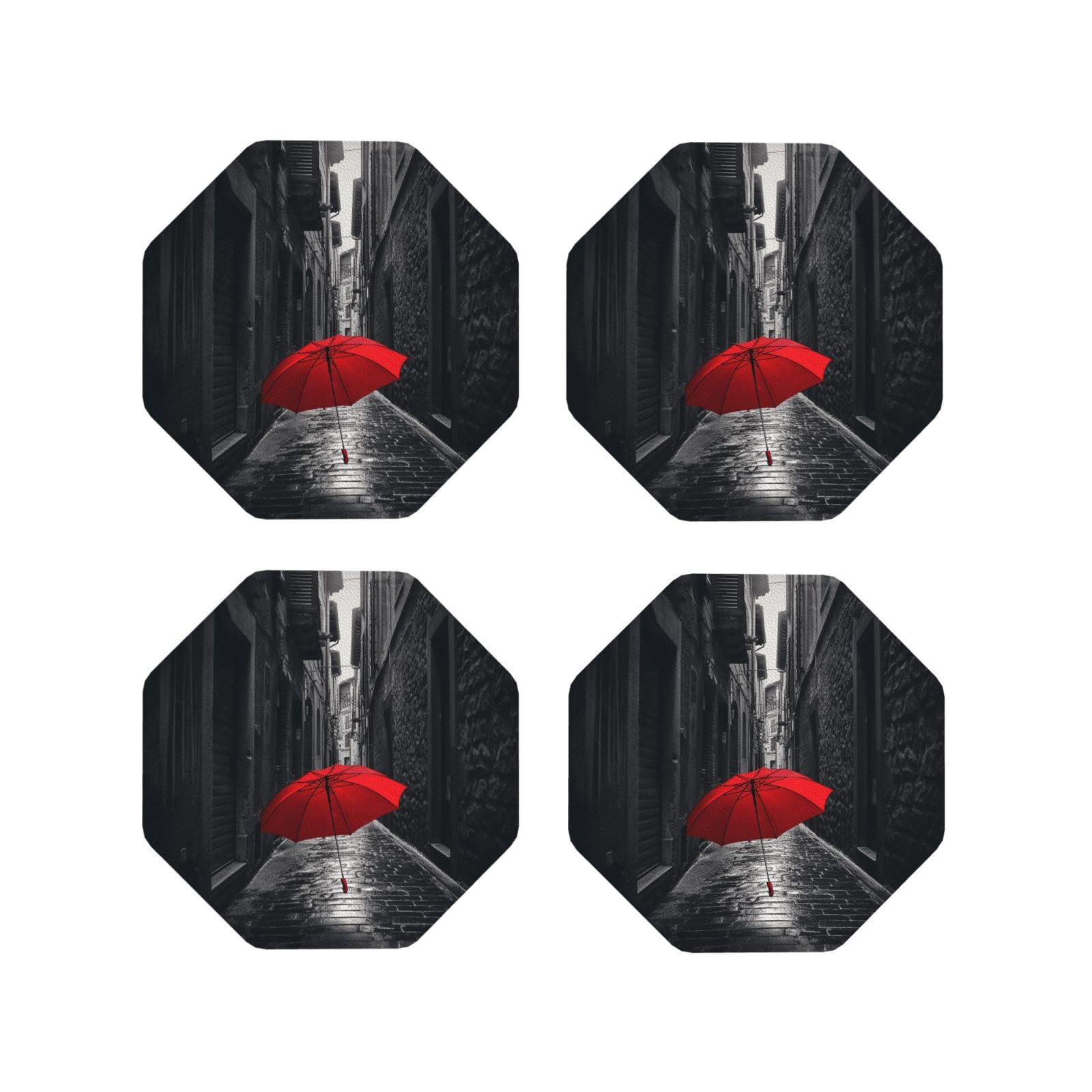 4pcs Drink Coasters for Tabletop Protection, 4" Leather Coasters for Drinks, Red Umbrella Dark Street Cup Coasters for Coffee Table Decor, Non-Slip Drinking Cup Mat for Hot Or Cold Drink