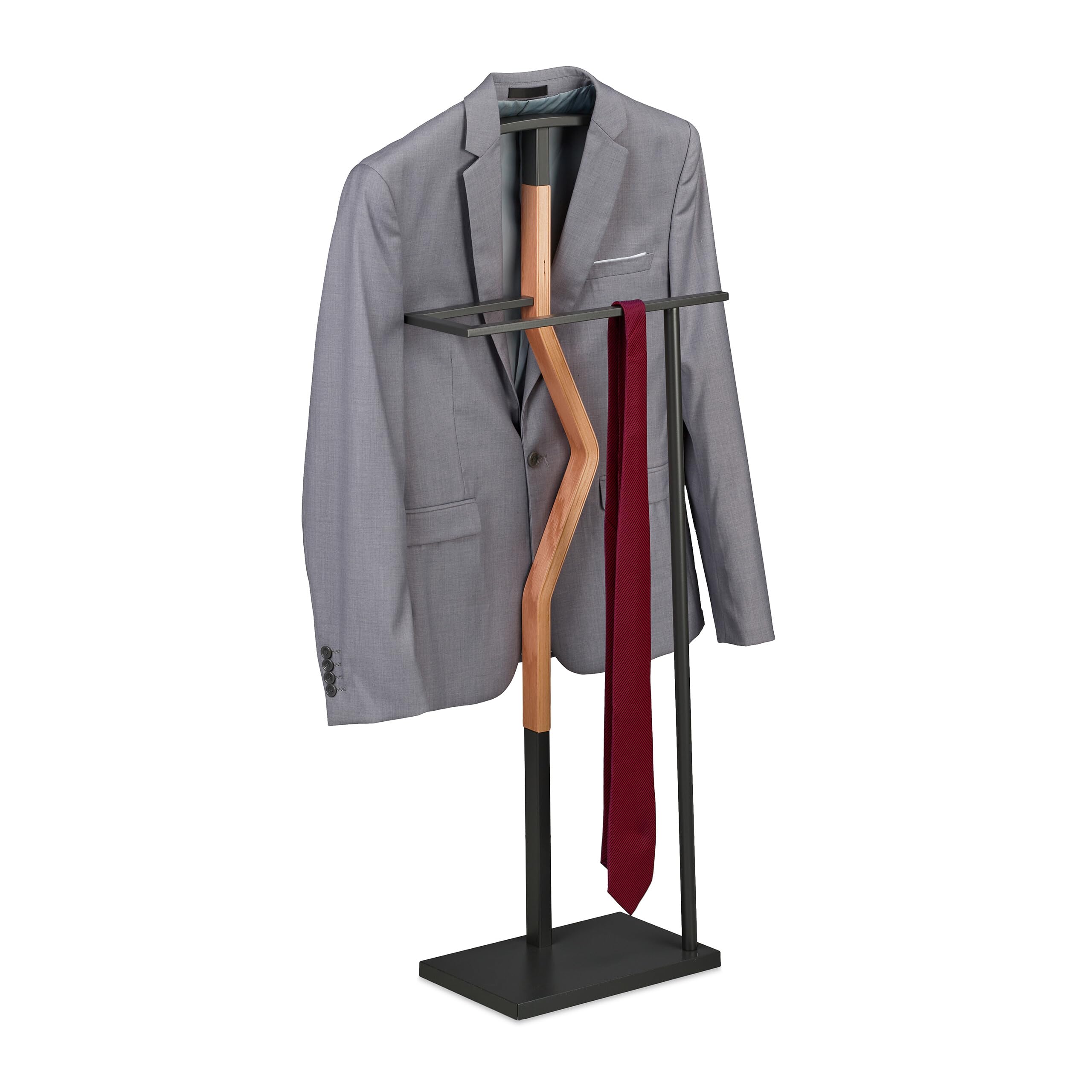 Relaxdays Servo Muto da Camera, Appendiabiti da Terra per Giacca e Pantalone 107x48x20 cm, Acciaio e MDF, Grigio Marrone