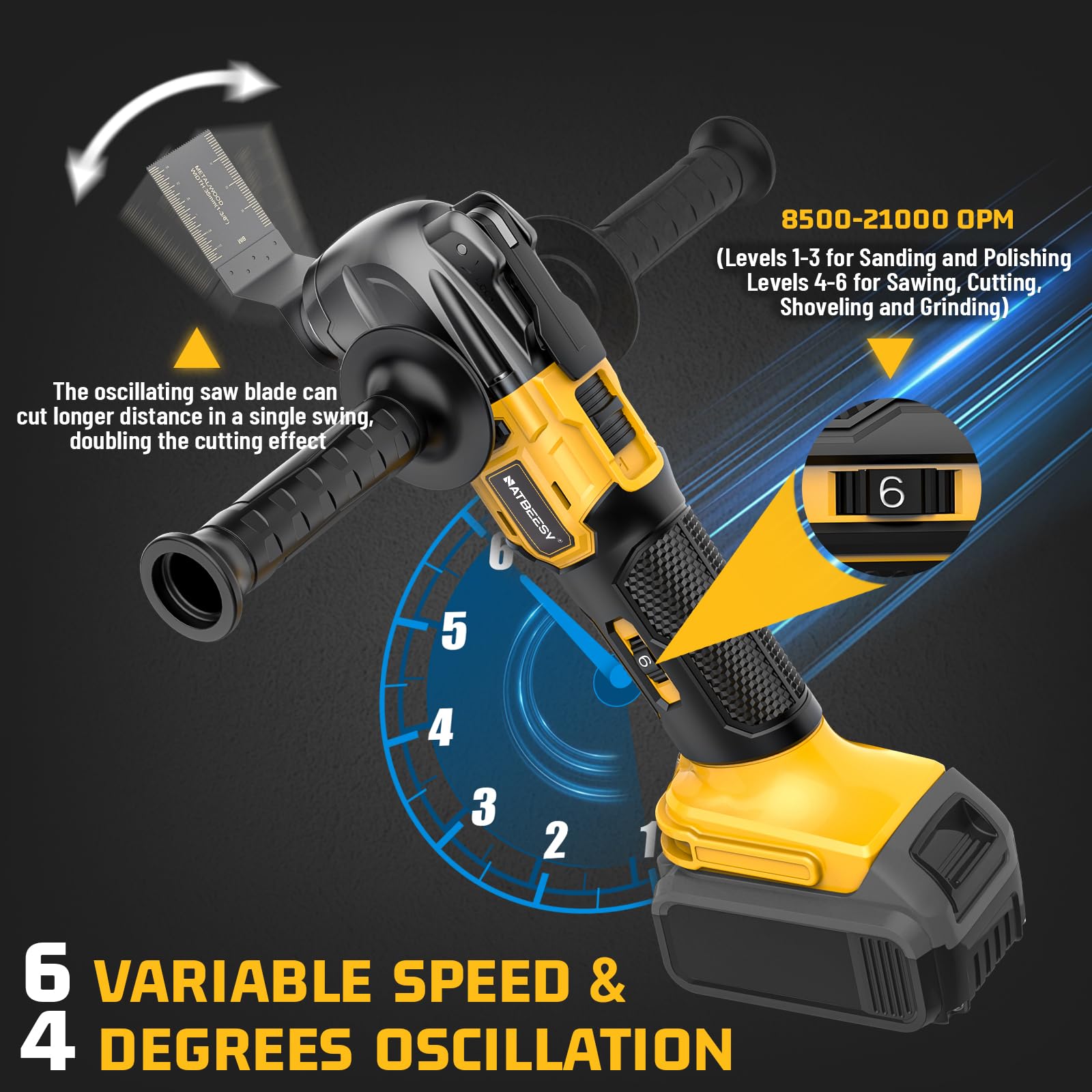 Multiherramienta oscilante para batería Dewalt de 20 V máx.: herramienta oscilante inalámbrica - 6 velocidades variables 21000 OPM | Motor sin escobillas | Cuchillas de corte de madera y almohadilla