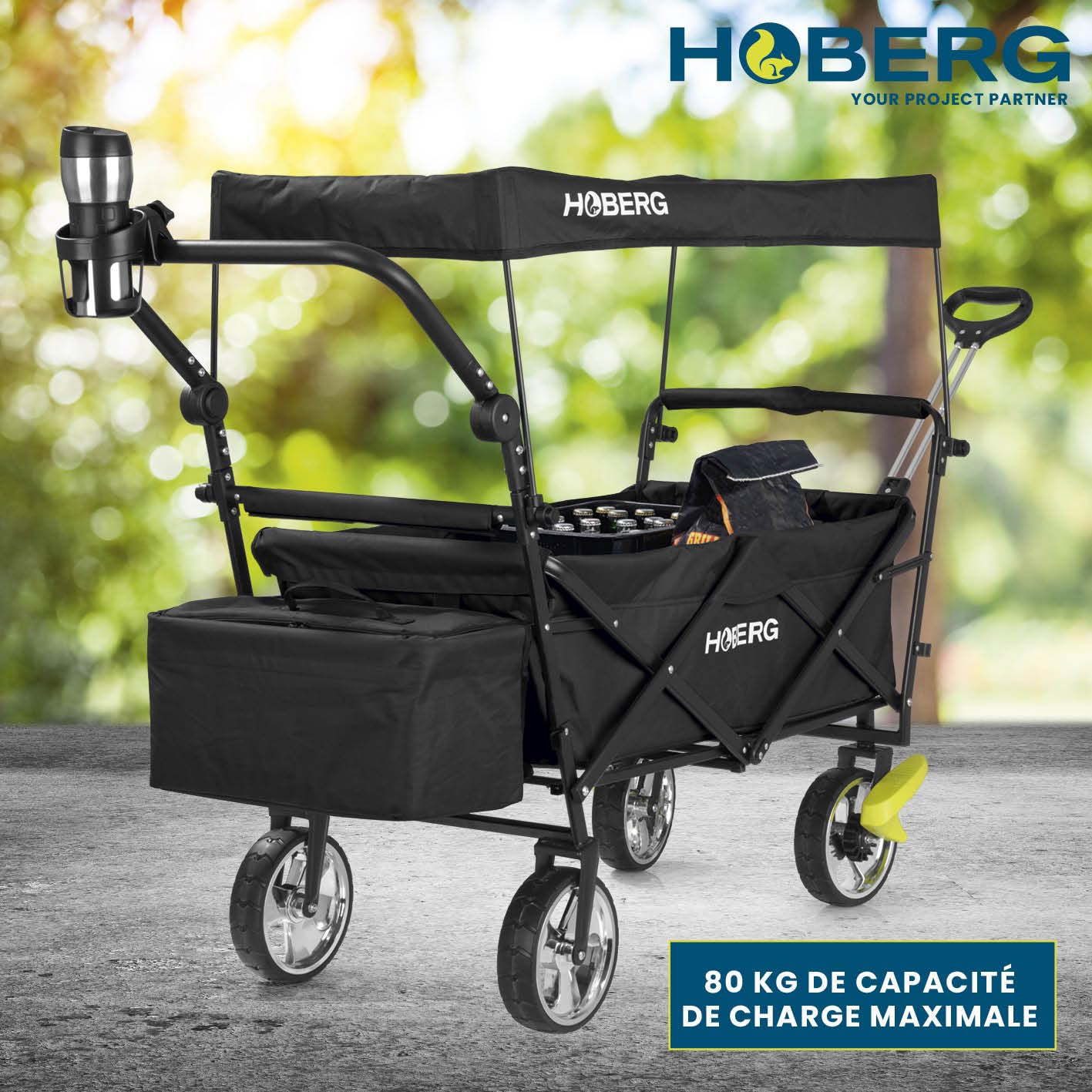 Chariot à Bras Pliable Hoberg Premium Avec Toit UV - Charge 80kg - Bleu Avec Sac Isotherme