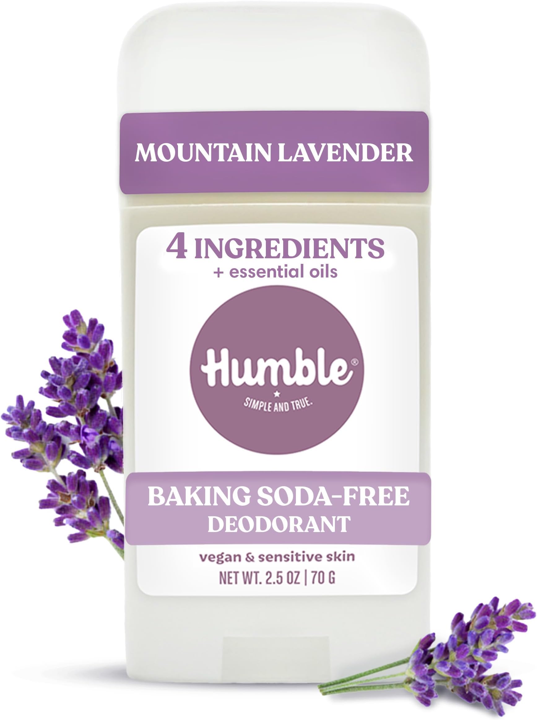 Humble Aluminum-Free Deodorant for Women & Men, Mountain Lavender - Baking Soda-Free Natural Deodorant Stick for Sensitive Skin with Essential Oils for Long-Lasting Odor Control, 2.5 Oz