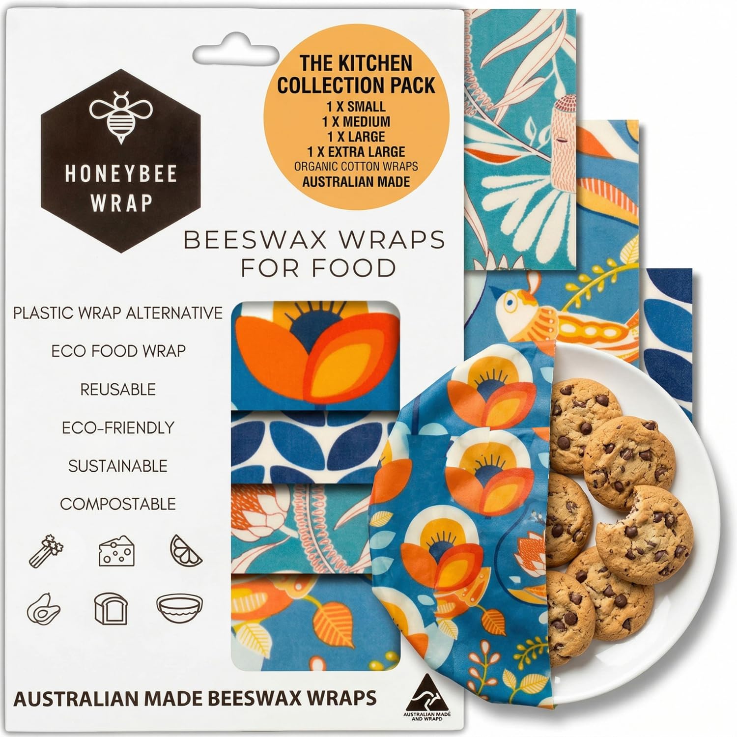 Beeswax Wraps for Food - The Kitchen Collection - Organic Cotton Beeswax Wrap - Reusable Beeswax Food Wrap - Plastic Wrap/Sandwich Bags Alternative - 4 Pack, S, M, L &amp; XL