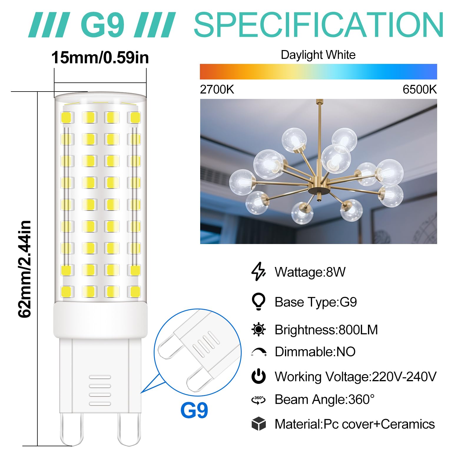 ZHENMING G9 LED Bulbs 8W, Equivalent to 70W 80W Halogen Replacements, Bi-Pin Base Bulb Cool White 6000K, No Flicker - Image 2