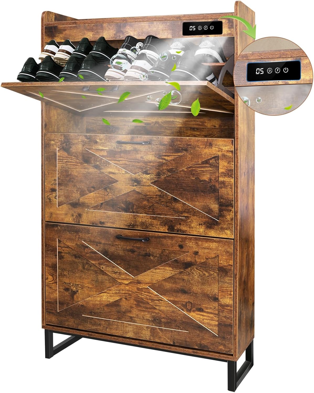BEURUKU Shoe Cabinet Storage with 3 Flip Drawers & Deodorizer, Freestanding Shoes Organizer Cabinet with Metal Legs for Entryway, Deodorizing Slim Shoe Rack Cabinet, Brown 31.5" W*9.4" D*54.8" H