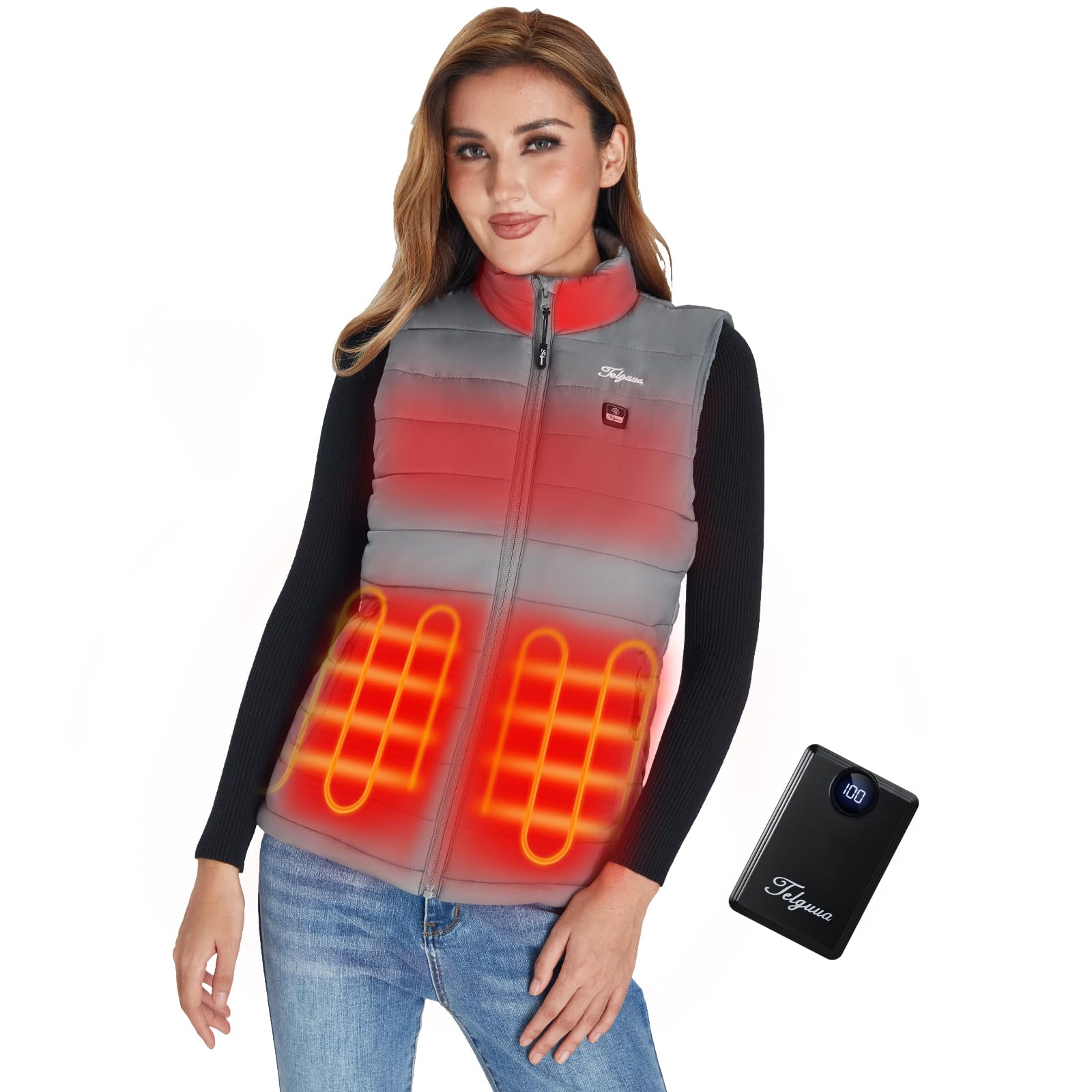 Telguua Chaleco Calentado Mujer, Chaleco Térmico Calefactable con Batería Incluida de 12000mAh 5V, 3 Niveles de Temperatura Ajustable, ropa Calentada Eléctrica invierno,al aire libre,Esquí,ciclismo