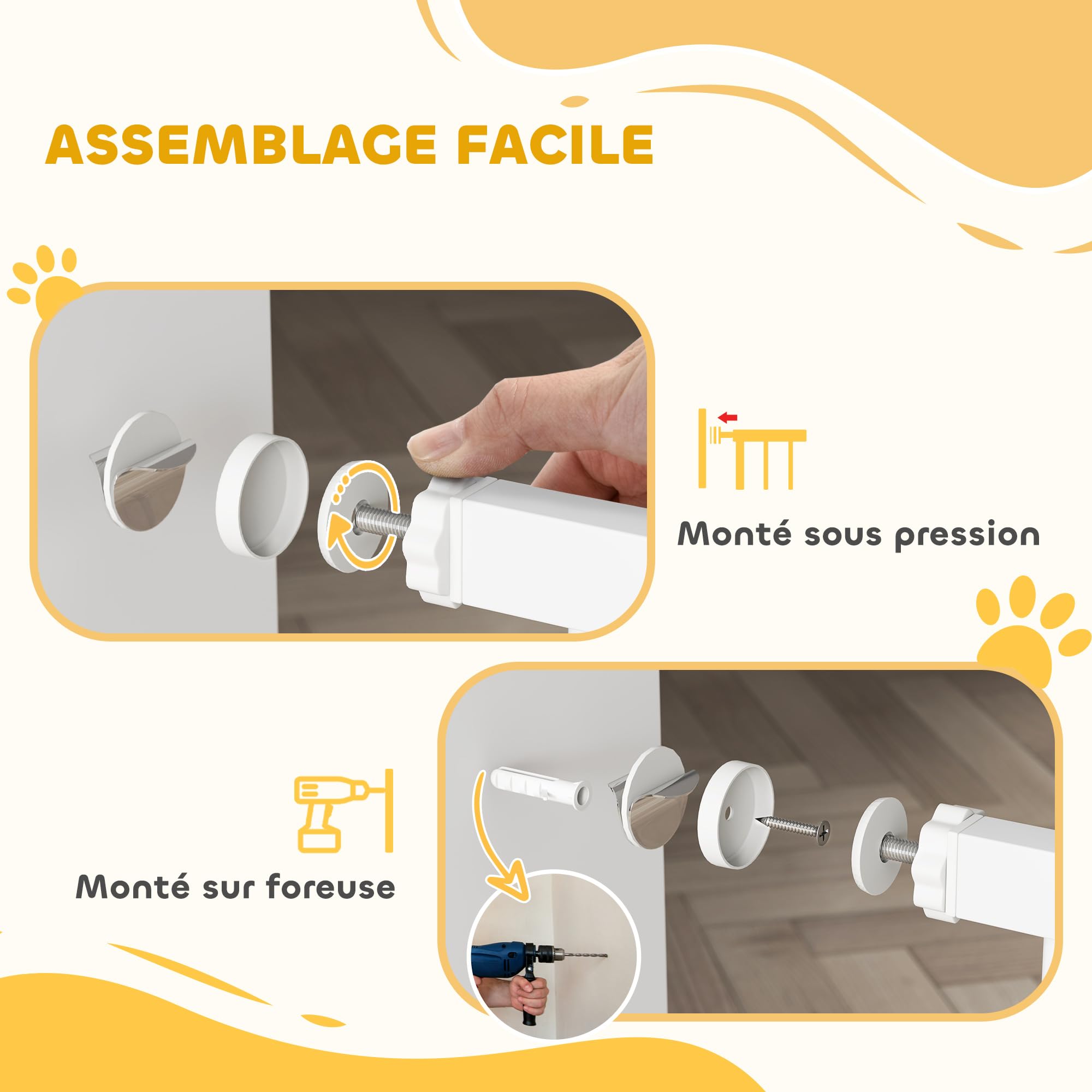 PawHut - Barrera de seguridad para perro extensible 76-104 x 77 cm, barrera de escalera y puertas con sistema de doble bloqueo, montaje por presión o perforación, barrera de perro y gato, color blanco