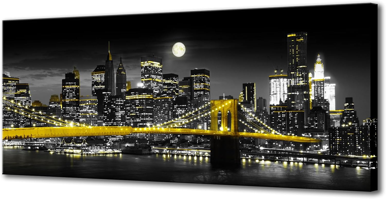 Biuteawal Black and White Yellow Canvas Print New York City Brooklyn Bridge at Moon Night Picture Photo Painting Cool Manhattan Skyline Artwork Modern Home Office Wall Decoration Ready to Hang