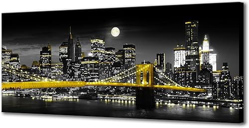 Biuteawal Impresión en lienzo amarillo en blanco y negro de la ciudad de Nueva York, puente de Brooklyn en la noche de la luna, pintura fotográfica