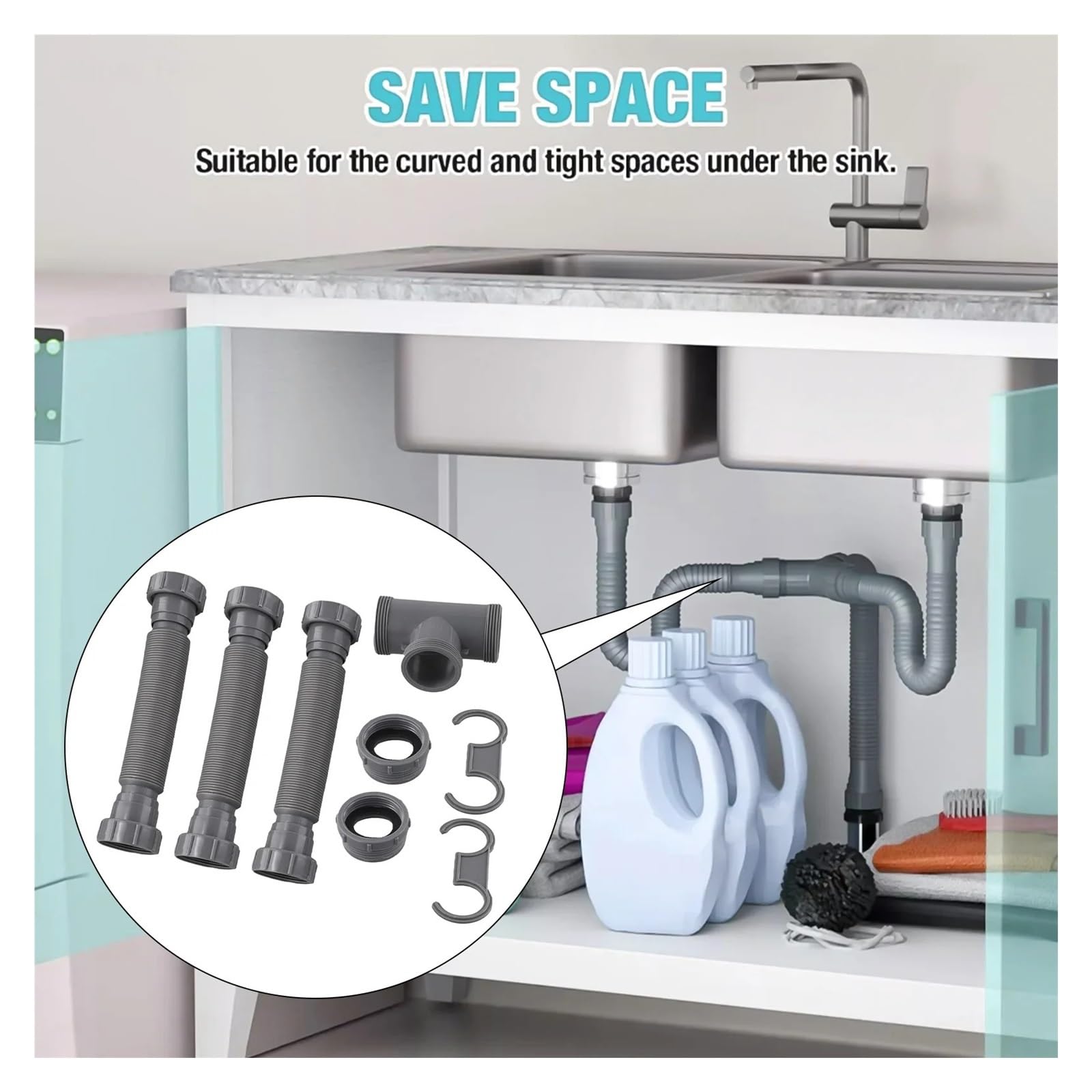 Kit de desagüe for fregadero doble de 20 a 80 cm, kit completo de instalación de fregadero, longitud de tubería ajustable for lavabo de baño.