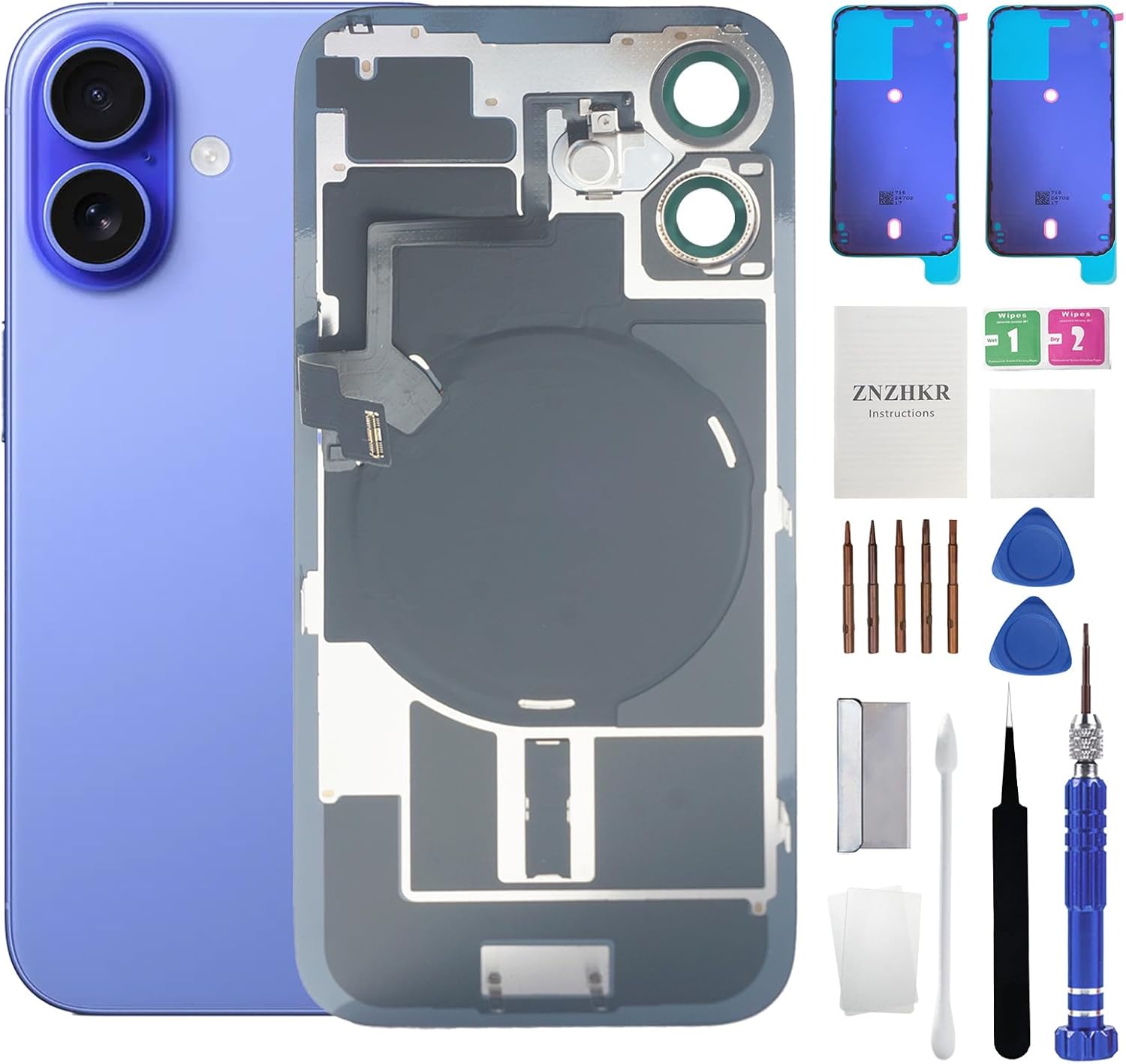 16 Back Glass Replacement with Wireless Charging Flex Cable and Camera Frame All Parts for iPhone 16 (6.1 Inch Black) Replacement of Equipment Waterproof Tape