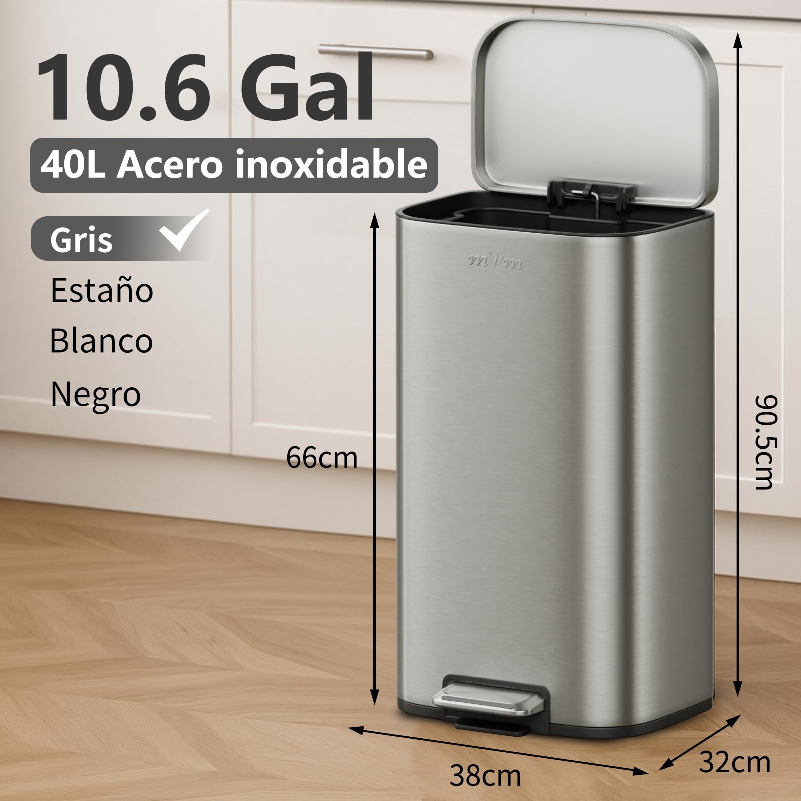mVm Papelera de Cocina con Pedal 40L, Cubo de Basura Gris, Acero Inoxidable Antihuellas, Tapa Amortiguada Cierre Suave, con Cubo Interior Extraíble, para Cocina Oficina Baño